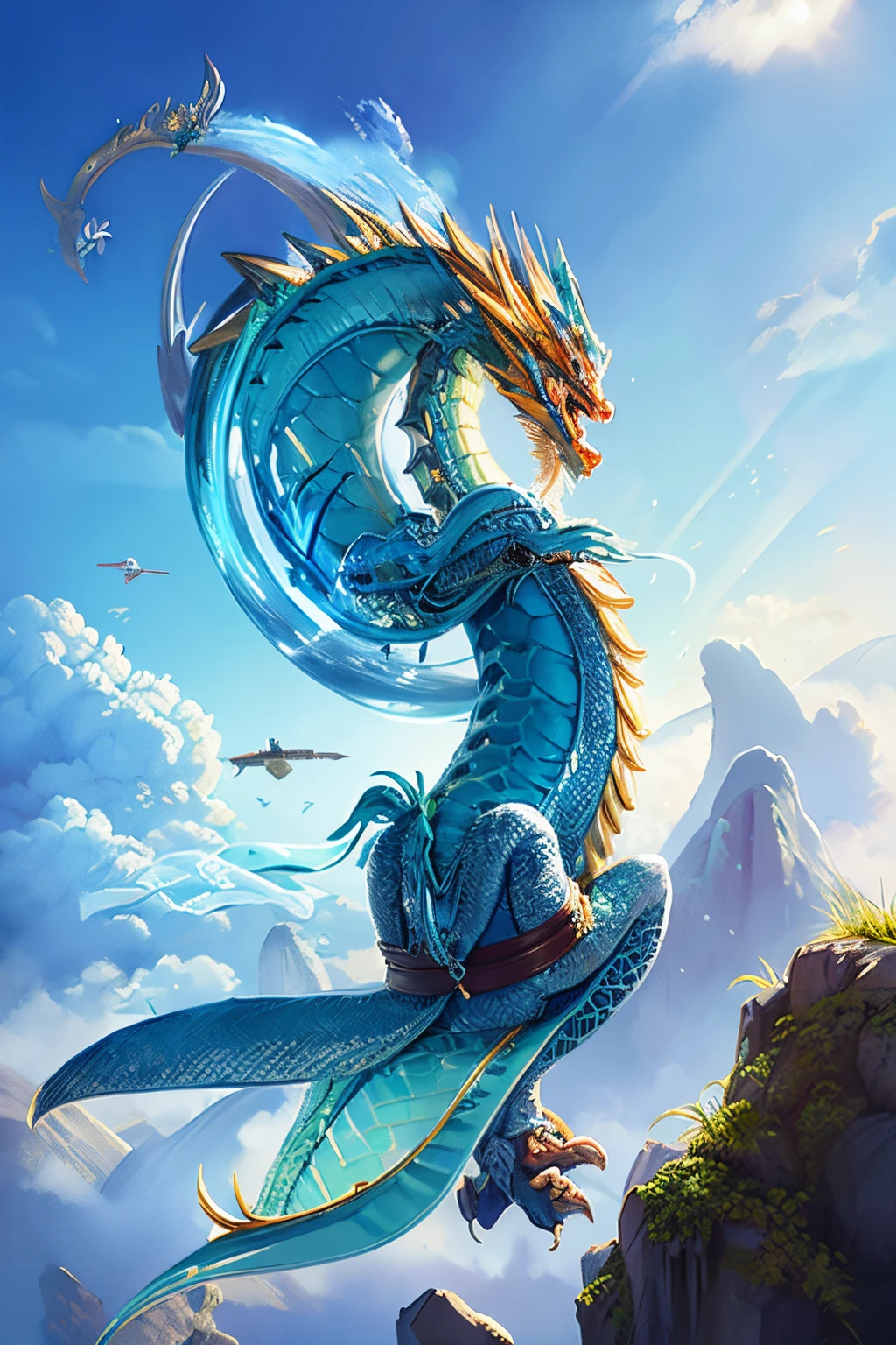 a chinese style dragon，Soar in the sky，The scales on the dragon&#39;s body are clearly visible，Clear structure，The details are perfect，Reference to traditional Chinese style，hyper realisitc，8K，--16:9--s 400--niii 5