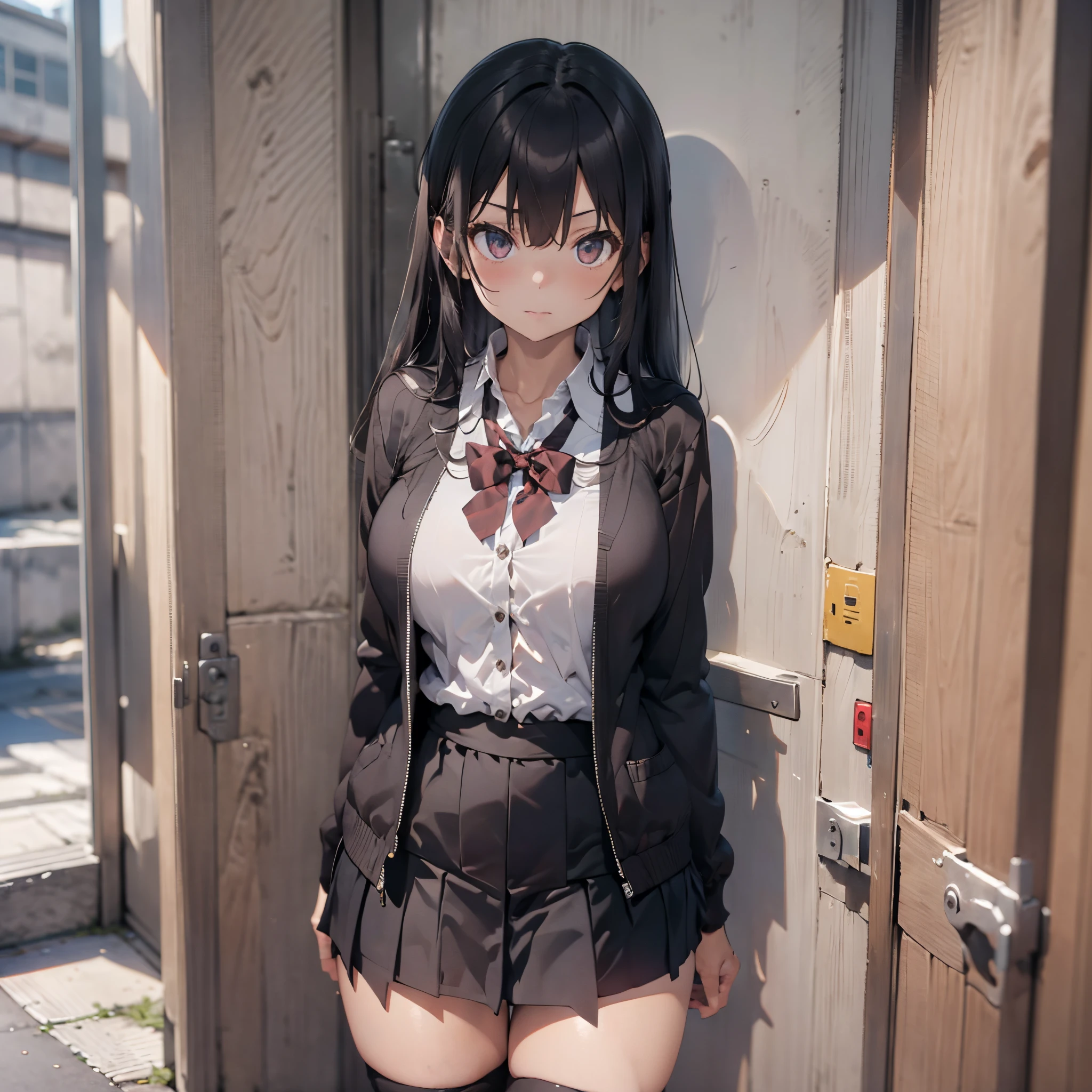 (1 girl standing:1.3), (solo:2.0), (huge perky breasts:1.7), (thin waist:1.3), (thin long legs:1.5), (black thighhighs:1.3), (very short miniskirt:1.8), nose blush, embarrassed, school uniform, cardigan