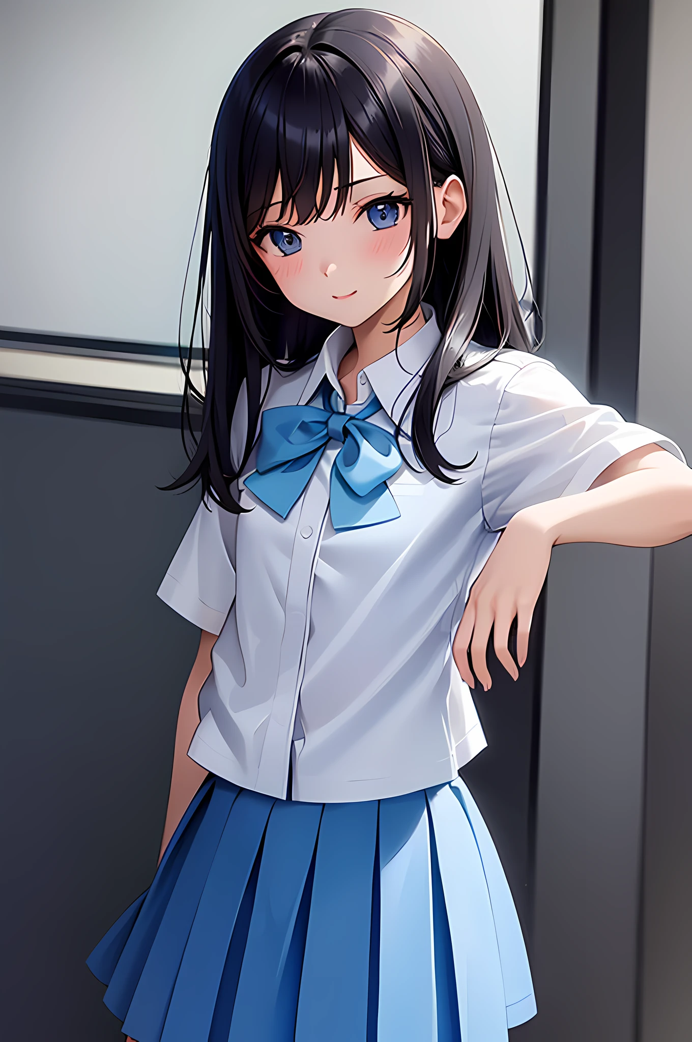 ((best quality)), (masterpiece), 1girl, age 18, (detailed eyes:1.2), student, uniform, white shirt, short sleeves, (small bowtie:1.5), untuckedshirt, (untucked shirt:1.5), layered skirt, (long light blue skirt:1.5), long skirt, white stocking, classroom, school, anime, 4k quality,