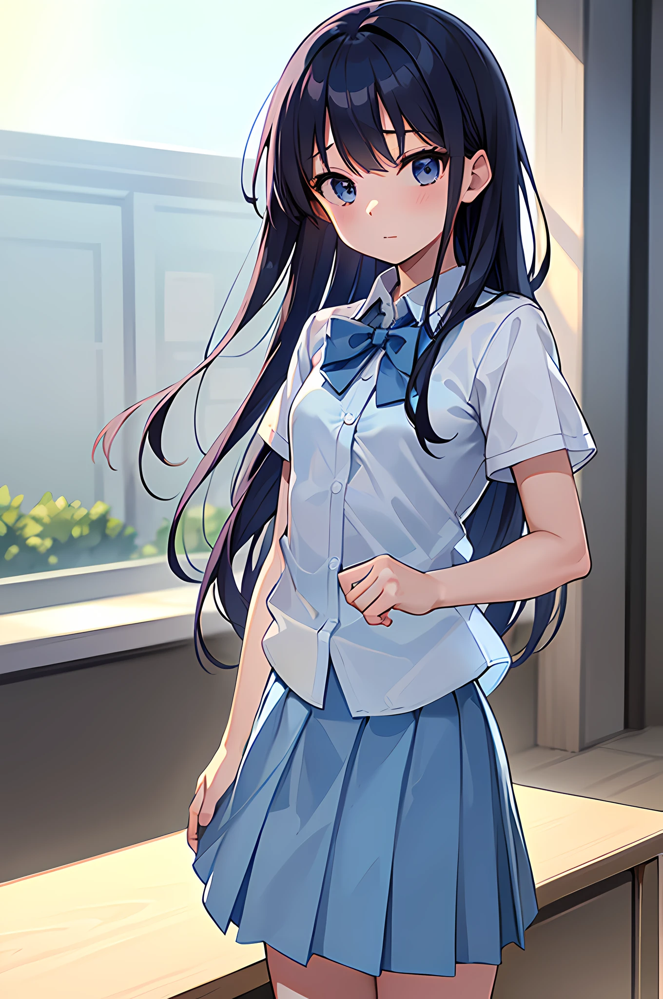 ((best quality)), (masterpiece), 1girl, age 18, (detailed eyes:1.2), student, uniform, white shirt, short sleeves, (small bowtie:1.5), untuckedshirt, (untucked shirt:1.5), layered skirt, (long light blue skirt:1.5), long skirt, white stocking, classroom, school, anime, 4k quality, (high resolution)