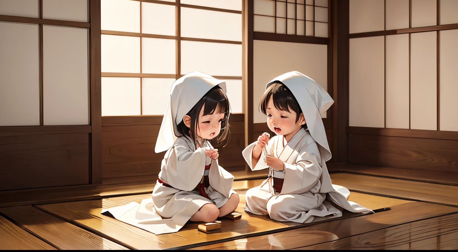 two babies, white cloth, crying, white mortar , wooden floor, traditional Japanese scenery, full body, a mortar in back