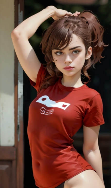 Photo of a 15-year-old European girl, .RAW, beautiful woman, (Light brown hair with ponytail hairstyle ), peinado de cola de caballo ((retrato)), ((Cara detallada:1.2)), ((Detailed facial features)), (Piel finamente detallada), Pale skin , con pecas en mejillas ,parque, Noria de Londres、camisa de manga larga color blanca y roja, shorts color rojo,  、senos medianos , gran sonrisa (cool color), humid, humid, Reflectores, (Masutepiece) (proporciones perfectas)(fotos realistas)(La mejor calidad) (Detallado) fotografiado con una EOS R5 de Canon, Lente de 50 mm, f/2.8, NffSW, (8k) (papel tapiz) (cinematic lighting) (Dramatic lighting) (foco nítido) (Enrevesado) , parque , cuerpo  completo, hermoso cuerpo de mujer , posing for camera, sentada en banca , waving at the camera