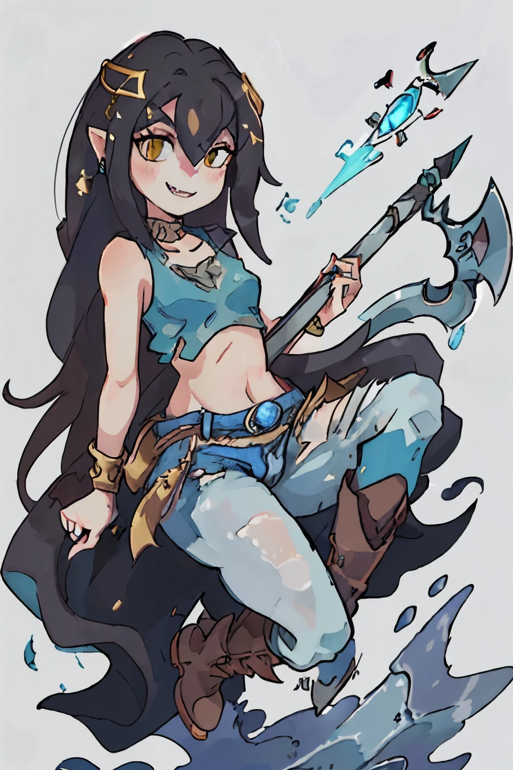 Phin has light gray skin, long pointed elfish ears, vivid salmon-colored scales on her forearms and calves, She has waist-length straight black hair, yellow eyes with thin vampiric slits for pupils. Her fangs are small but noticeable when she grins, Phin wears black ripped jeans and crimson knee-high boots, coupled with a sleeveless white armor vest edged in gold, A long black leather duster coat completes the outfit, she carries a battle-worn golden trident axe, She also wears a small Zora sapphire pendant necklace. Phin has a chill playful personality and often floats nonchalantly a foot off the ground, As a vampire-Zora hybrid she has a unique undead aquatic physiology with powers from both species, masterpiece, high quality, 4K, MarcelineWaifu, red tank top, jeans, boots, zora, nsfw