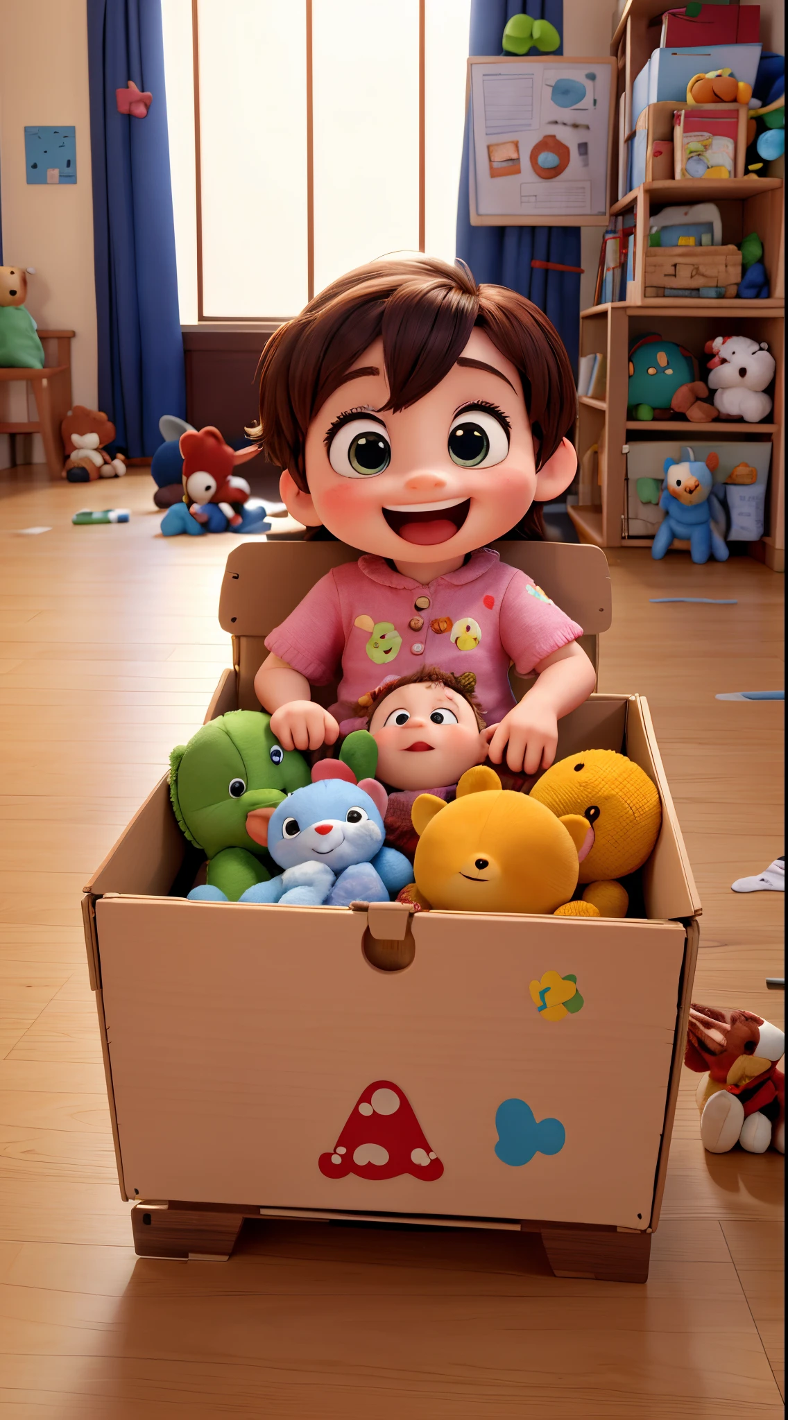 There's a sitting in a box full of stuffed animals, Very excited, He was delighted, toy bag, Open your mouth happily, Excited, Deliver analysis box, happy wise, so surprised, With a happy expression, she is smiling and excited,
