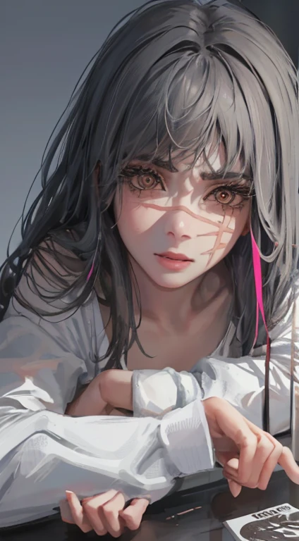 fotorrealista, Lip gloss, Pintura realista, best quality, Ultra high resolution, profundidade, cor pastel, sombreamento natural, foco no rosto, tapa-olhos, face only, Serious, poderoso, , Looking at the Viewer, cabelo grande (preto), red colored glasses, marrom, olhos bem detalhados, uniforme, Antecedentes detalhados