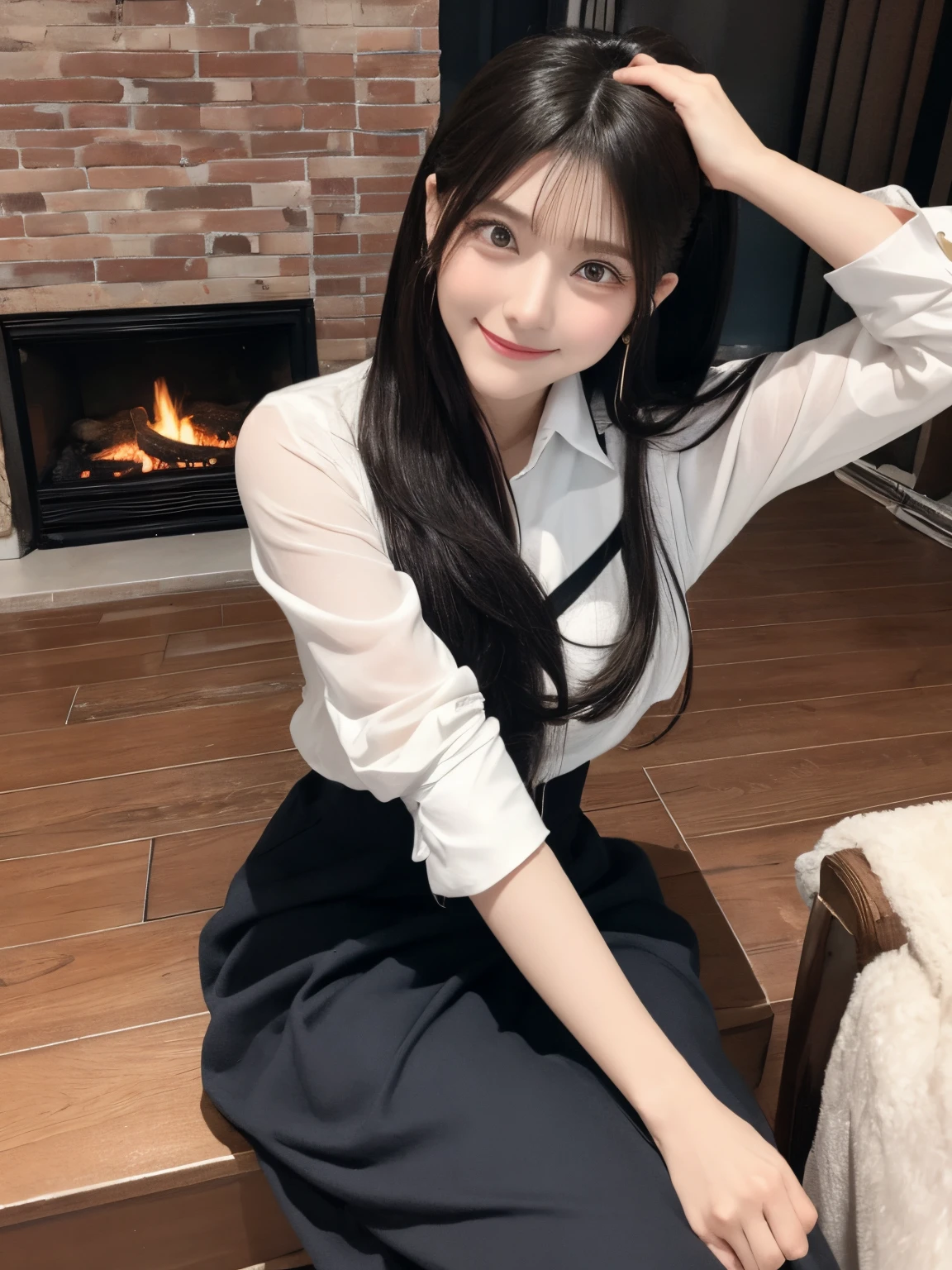 masterpiece、top-quality、looking at the viewers、tie long hair up、(hair wavy:0.7)、Colorful casual attire、A black-haired woman smiling happily with her mouth open,Let's warm up by the fireplace、Too much steam