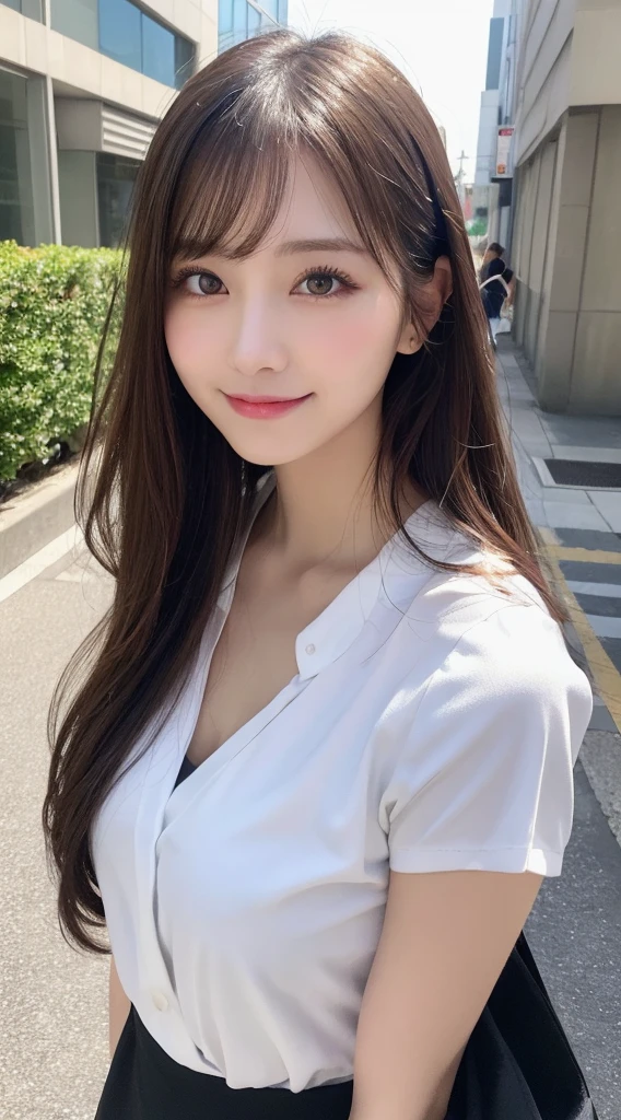 masutepiece, Best Quality, Illustration, Ultra-detailed, finely detail, hight resolution, 8K Wallpaper, Perfect dynamic composition, Beautiful detailed eyes, doress,Medium Hair, Natural Color Lip, Random and sexy poses,Smile,Aoyama Street Walk、A 24-year-old girl、White blouses