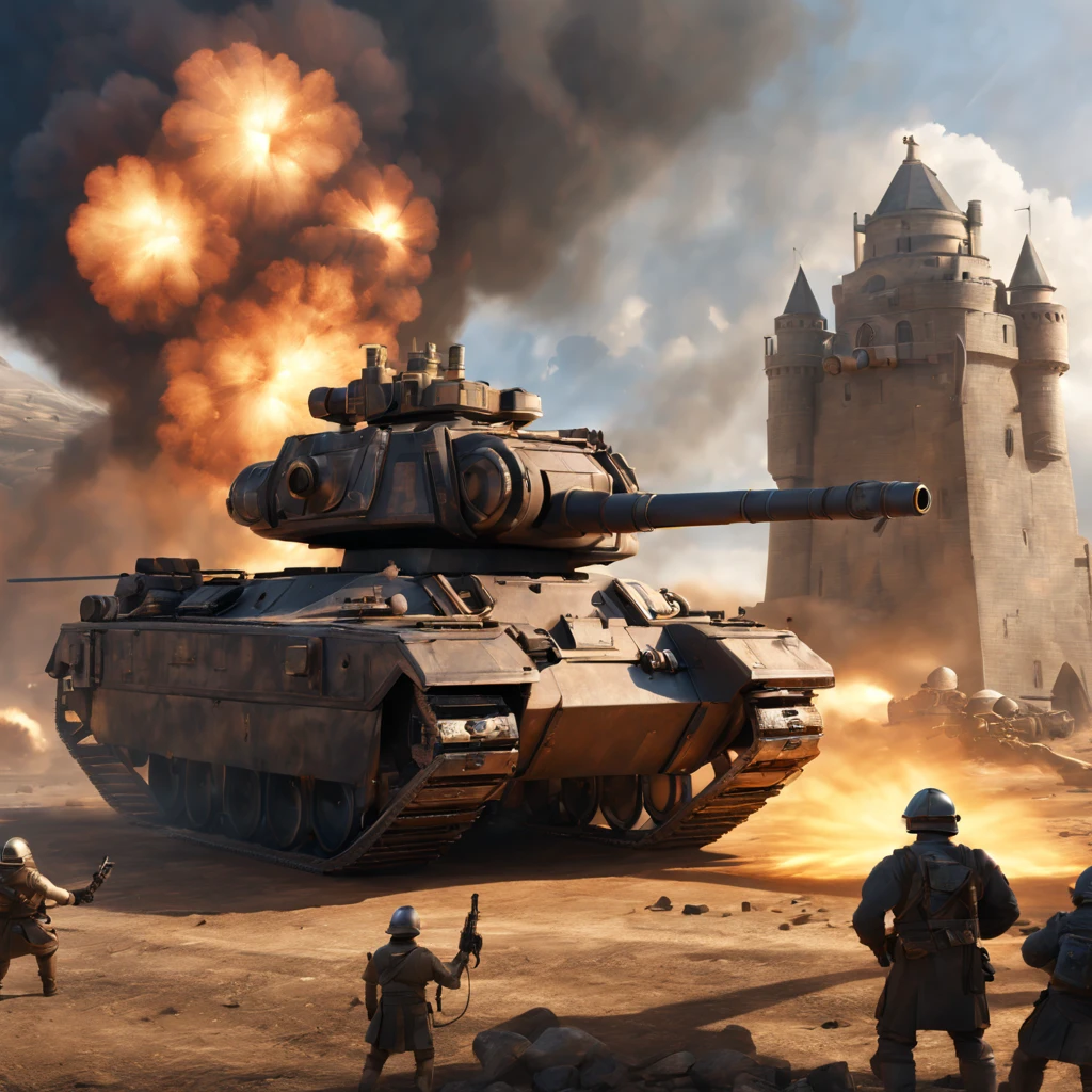 (best quality,4k,8k,highres,masterpiece:1.2),ultra-detailed,(realistic,photorealistic,photo-realistic:1.37),medieval sci-fi laser tanks,metallic surfaces,giant wheels,explosions,thrilling battle scenes,steam-powered engines,smoke and dust effects,ancient castles in ruins,armor covered soldiers,heavy artillery,fortress walls,beautifully designed turrets,smoky skies,ominous atmosphere,dark color palette,dynamic lighting,ray guns,holographic displays,advanced technology,mysterious energy sources,suspenseful action,fire and sparks,vivid colors,post-apocalyptic wasteland,massive destruction,high stakes,creative vehicle designs,imposing war machines,imposing war machines,advanced weapon systems,action-packed skirmishes,rays of light cutting through the darkness,intergalactic war zones,extraordinary battles,epic clashes between forces,spellbinding world-building