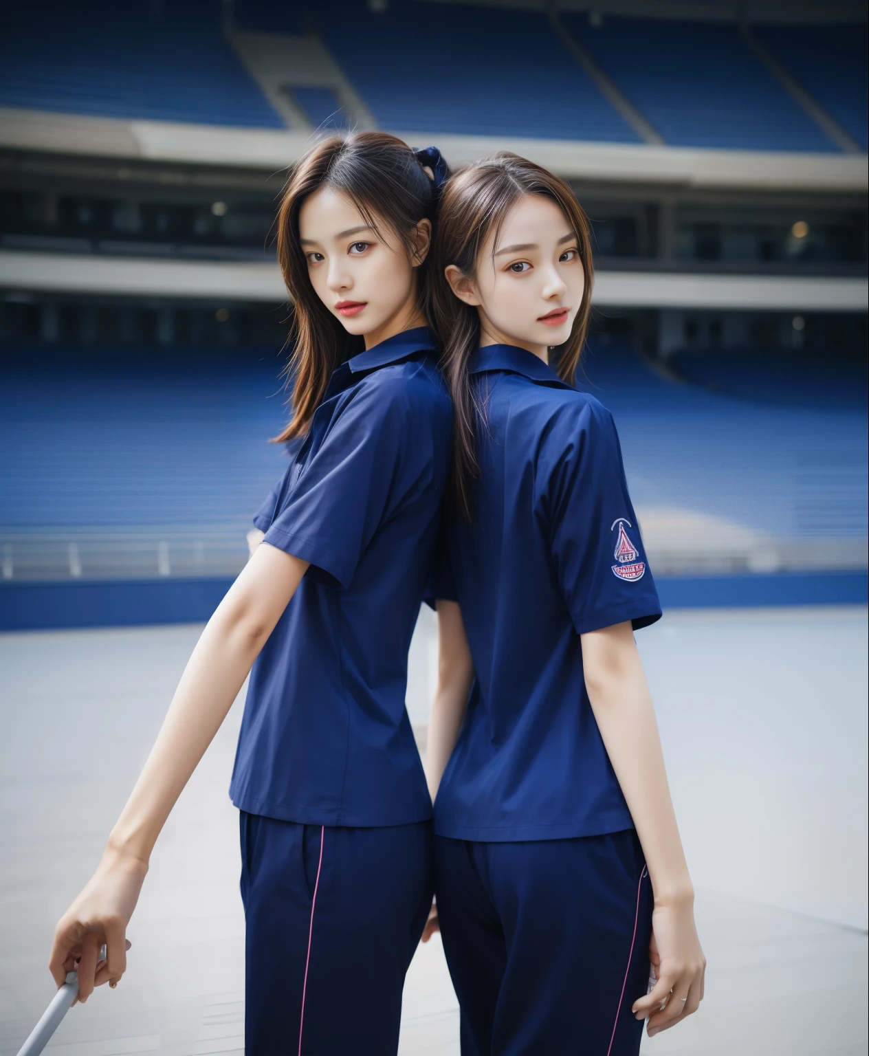 (bestquality,10,10,highres,masterpiece:1.2),ultra-detail,(Realistic,photorealistic portrait,photo-realistic:1.37),1 Cute girl in the football field,oily shiny skin,bara,light smile,BDclothelue shirt:1.3)),short sleeves,shirt, trousers.,(navy_long_Pants Track:1.1), ((Stadium Background:1.3)),dynamic angle,excited,face focus,Dynamic Poses,from behide,Ass Focus,masterpiece, bestquality, ultra realistic, hyper-detail, 8k resolution, RAW photo, crisp focus, ((Navy blue shirt:1.1)), short sleeves, Long Path, Perfect body, 2 mature women, 18yo, cinematic light,Blue sweatpants,Gymware,Correct anatomy,Complete body, Correct body, sharp face, Anatomically correct body, full entire body, Realistic gestures, long-haired, Realistic poses,Wear long shorts....................................,Long leg span,Shapely,Sculpting Girl, Slender Figure, mannequin mannequins, Shapely, Beautiful body,Blue sweatpants, Two girls kissing