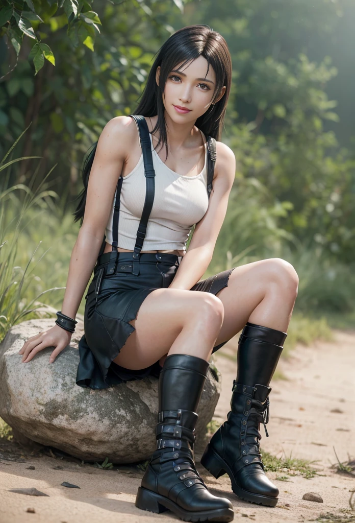 (best quality,ultra-detalhado),(Realistic:1.37),Tifa Lockhart, Rosto bonito e detalhado, maquiagem preta nos olhos, textura ultra realista, rosto delicado, corpo delicado, smiling expression