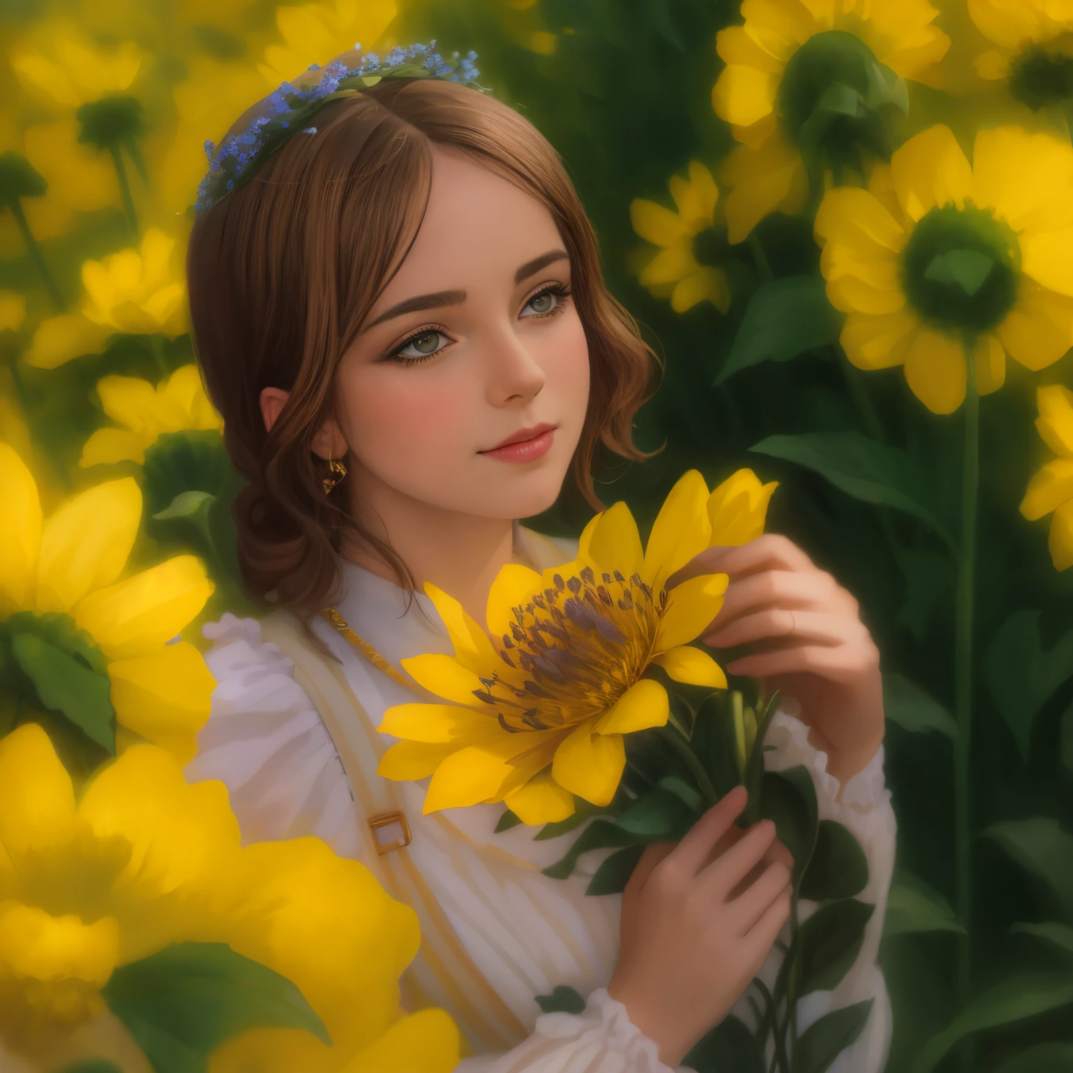 Painting of a woman in a field with birds flying overhead, Author: RHADS, inspired by RHADS, rhads and lois van baarle, rhads!!!, Concept art | rhads, rhads!, WLOP and RHADS, rob rey, Girl dancing on a flower field, Rads watercolor, A girl walks through a flower field