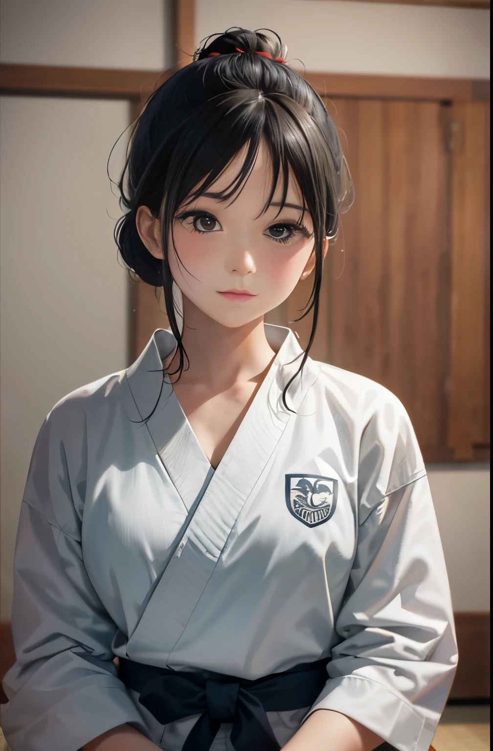 (8K、Raw photo、quality、、、、、、masutepiece:1.2)、(Real、Photorealsitic:1.37)、Japan female judoka、White Judogi、Cowboy composition、Frontal line of sight、Tatami room in the dark、solemnity、Cowboy Shot、Be intimidating、Dignified atmosphere、Slightly stiff figure、My neck was stiff.、Hair tied in a dumpling