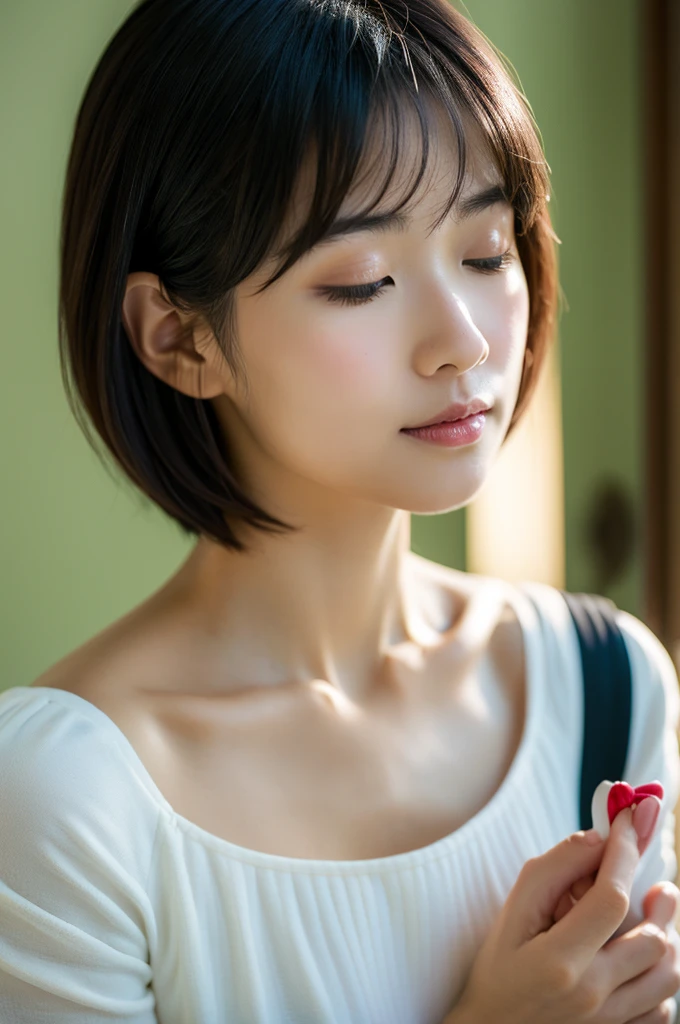 (8K、top-quality、​masterpiece:1.2)、(reallistic、Photorealsitic:1.2)（ultra-detailliert、hight resolution）(Slouched:1.3)、crouching down、(From  above:1.2)、(a closeup:1.4)Wearing a nightgown、（tome&#39;It&#39;s in the futon:1.4）、((Sleep with your eyes closed、The whole body is shown))Alafed Girl, chiho, iwakura lain, closeup Iwakura Lain, With short hair, Shiori Teshirogi, Kotegawa Yui, hime-cut, She is 30 years old, sui ishida with black hair, lain iwakura, Beautiful woman - well-groomed face, Clear pubic contours,(Small breasts), hight resolution, ighly detailed, top-quality, [​masterpiece:1.6],, ighly detailed, nffsw, finely detail, top-quality, , Cinematographic lighting, 1womanl、Cute Japan Woman、perfect body type、, cute droopy eyes beautiful big eyes、Transcendent beauty　top-quality、​masterpiece、majicMIX Real、(Raw photography:1.2)、(Photorealsitic:1.4)、winter homeroom、Bedrooms　Negative Prompt