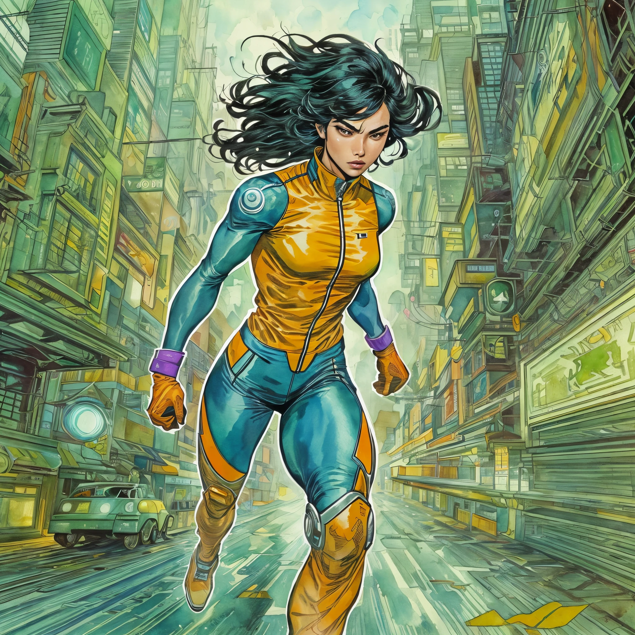 (comic style:1.3), (line art:1.5), (full body),(masterpiece, award winning, best quality:1.3), (flat color:1.3),(colorful:1.3)(futuristic city), ((solo)), 1 asian woman, super speedster, black hair (bob), wearing an orange spandex cat suit, small blue jacket, orange energy, running through a futuristic city, speed lines, watercolor painting, art by Jim lee, cinematic, masterpiece, , detailed background, detailed material textures, serious, realistic 1.35, muscular 1.2