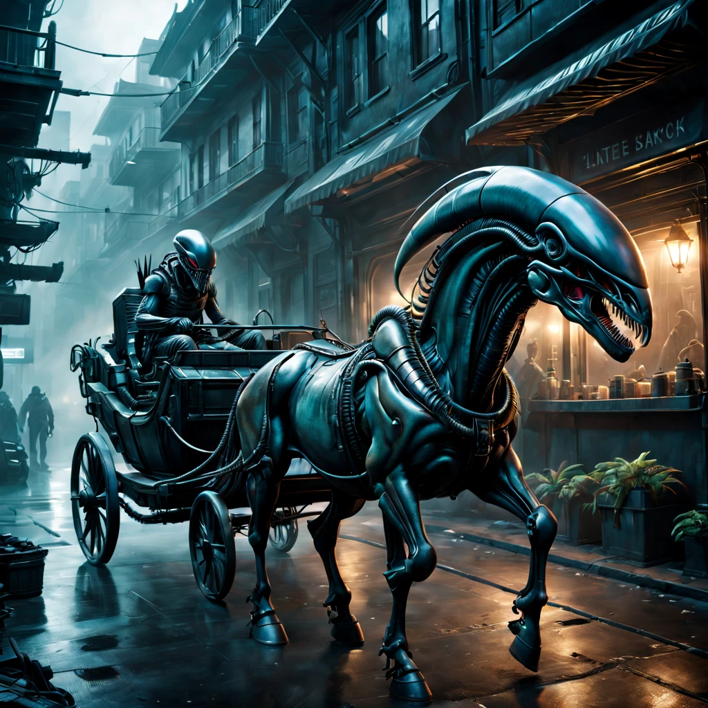 (a futuristic dystopian,scifi,xenomorph,mysterious) horse-drawn cart,best quality,4k,8k,highres,masterpiece:1.2,ultra-detailed,realistic:1.37,[HDR] [UHD],studio lighting,ultra-fine painting,sharp focus,physically-based rendering,extreme detail description,professional,vivid colors,portraits,landscape,concept artists,colorful vibrant tones,ambient lighting