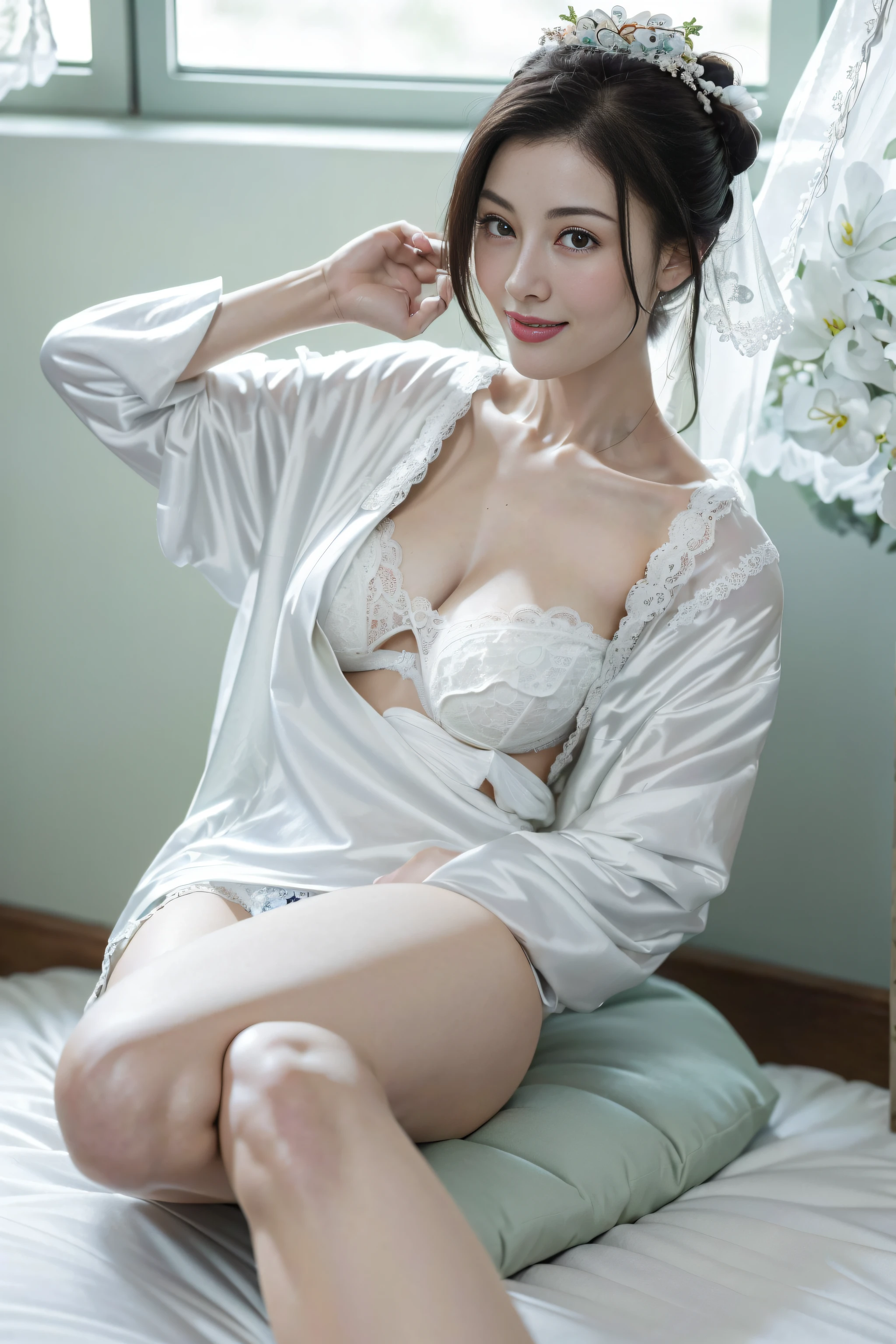 Fashion model 18 years old， [[[[Close-up cleavage]]]], [[[[rapeseed]]]], [[[[bshoulders]]]], perfect  eyes, Perfect iris，perfect lips，perfect teeth，Perfect Skin，with fair skin，HighDynamicRange，Movie Girl，(delicated face)，(Highly defined faces)，(((Pure white antique style casual underwear)))，(((Obscenity exposed)))，(((lace underwear big breasts)))，（(((Ancient Chinese bedroom in the background)))，(((sit on a bed)))，((legs separated))，(green trees outside the window，flowers blooming)，((A smile of excitement and satisfaction on his face))，((Sexy and charming expression))，((looking at viewert))，4K Ultra HD, 超高分辨率, (realistically: 1.4), Best quality at best，tmasterpiece，（pastel colour：1.2）