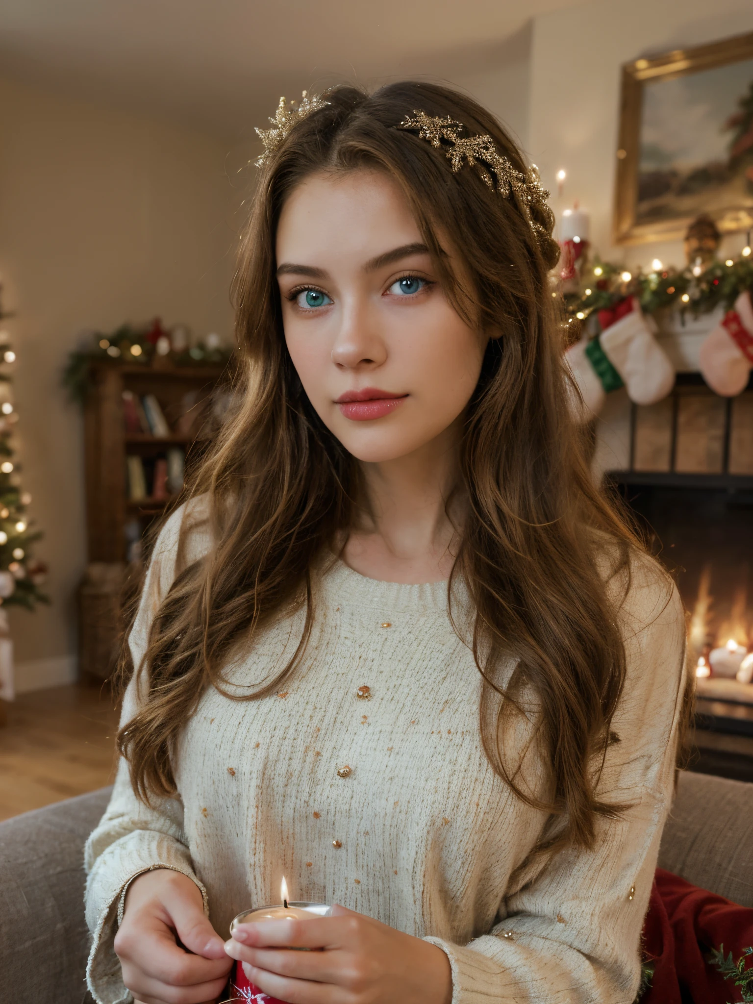 1girl, brown hair, long hair, solo, fireplace, indoors, blue eyes, looking at viewer, realistic, christmas tree, lips, table, christmas, blurry background, long sleeves, upper body, watermark, cup, closed mouth, artist name, sweater, candle, shirt, holding