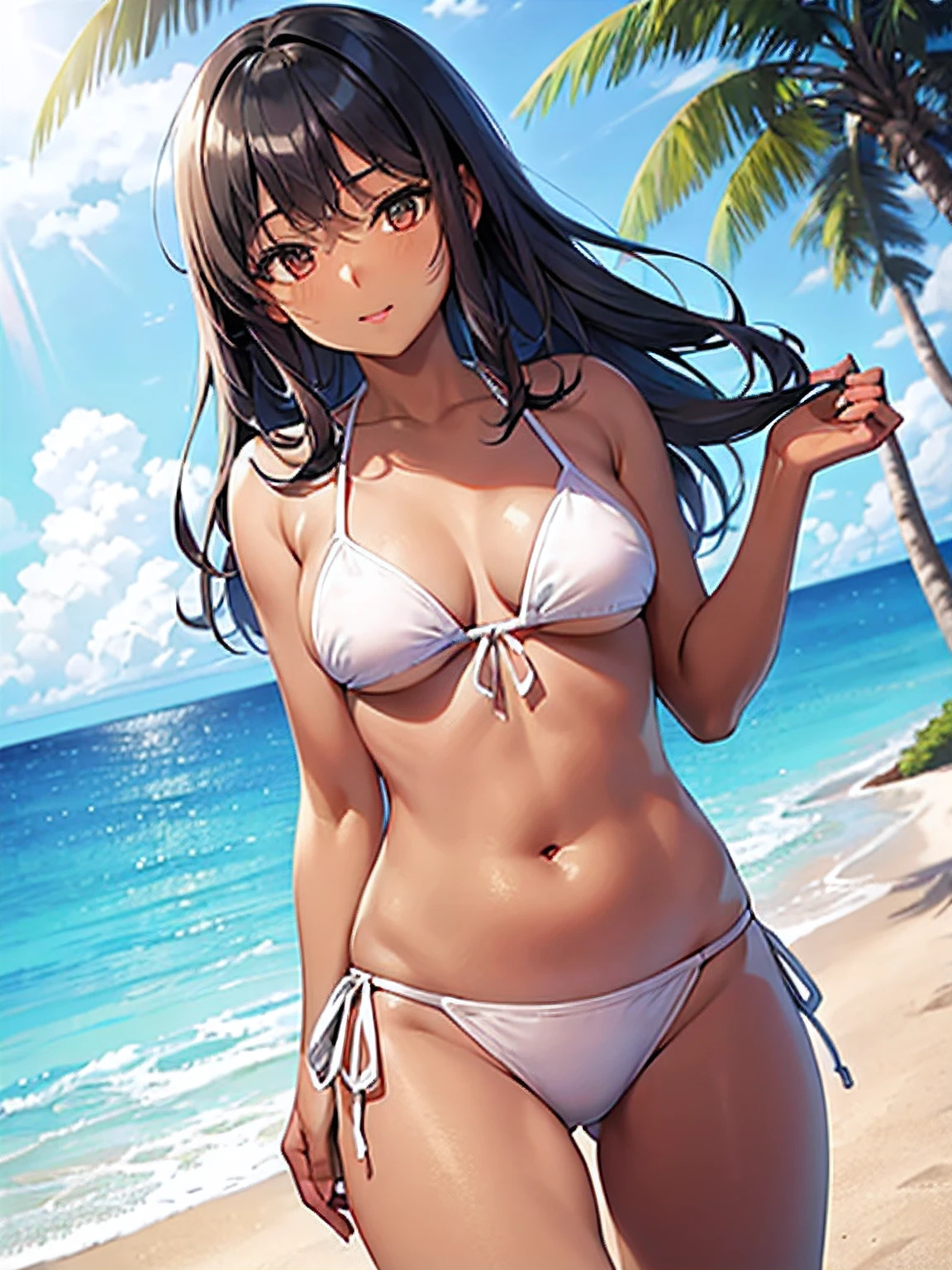 (Best Quality, High resolution,) Solo, house wife, (Dark skin:1.2), (chubby), (medium breasts:1.1), (Semi-long hair), Black hair,BREAK, White Side Tie Bikini Bottom, Beach,