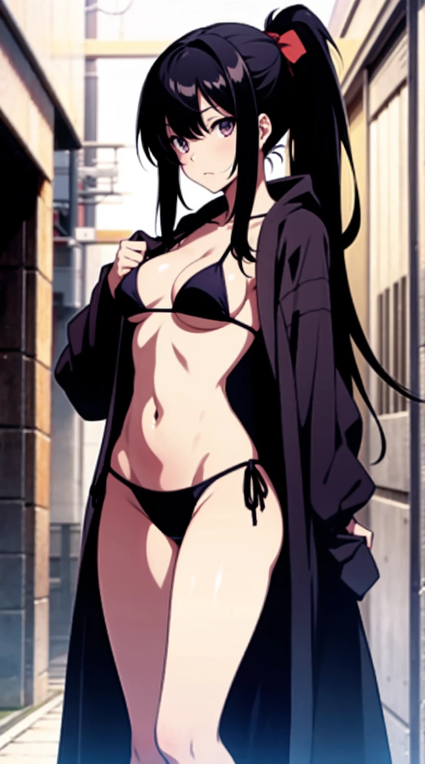 Anime girl wearing a string bikini,Black Hair, long-haired, long ponytail,Wear a long robe...
