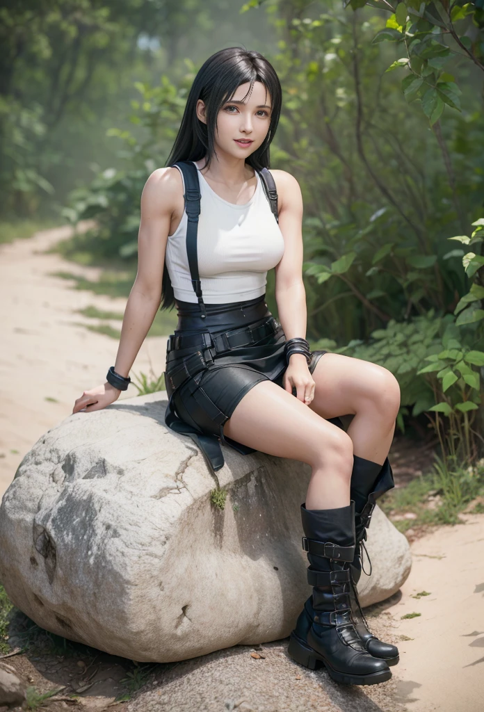 (best quality,ultra-detalhado),(Realistic:1.37),Tifa Lockhart, Rosto bonito e detalhado, maquiagem preta nos olhos, textura ultra realista, rosto delicado, corpo delicado, smiling expression