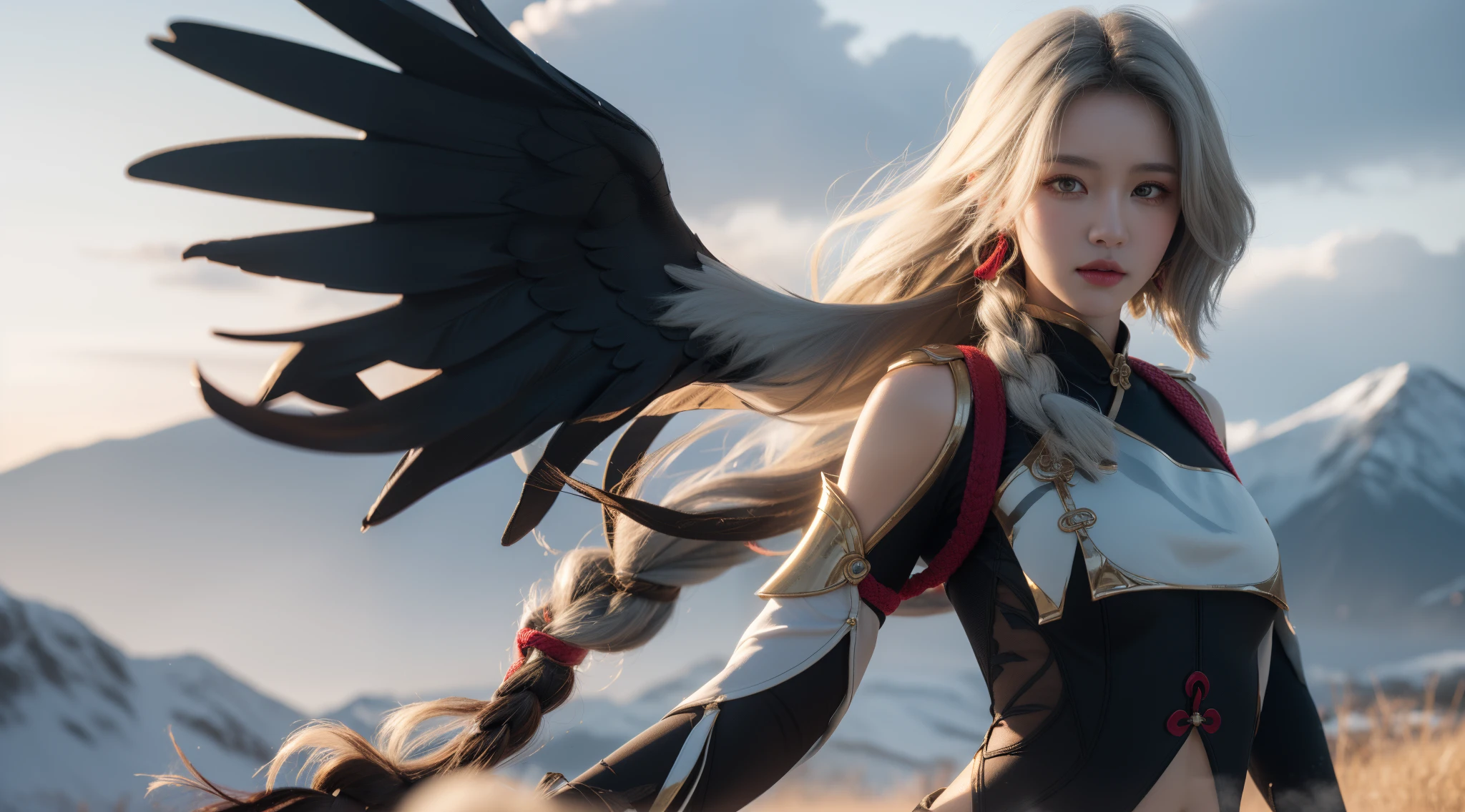 shenhedef, upper body, seductive look, blush, outdoors, snowflake scenery, looking at viewer, cloudy, moody lighting, (perfect detail eyes:1.2), glowing eyes, (long hair one braid:1.2), elemental skill effect, (Masterpiece, Best Quality, High Quality:1.4), professional artwork, Intricate Details, field of view, sharp focus, detailed painting, photorealistic lighting, trending on pixiv, (vivid lighting, vibrant colors:1.05), realistic shadows, ambient occlusion, (athletic body:1.3), mature woman, 30yo,