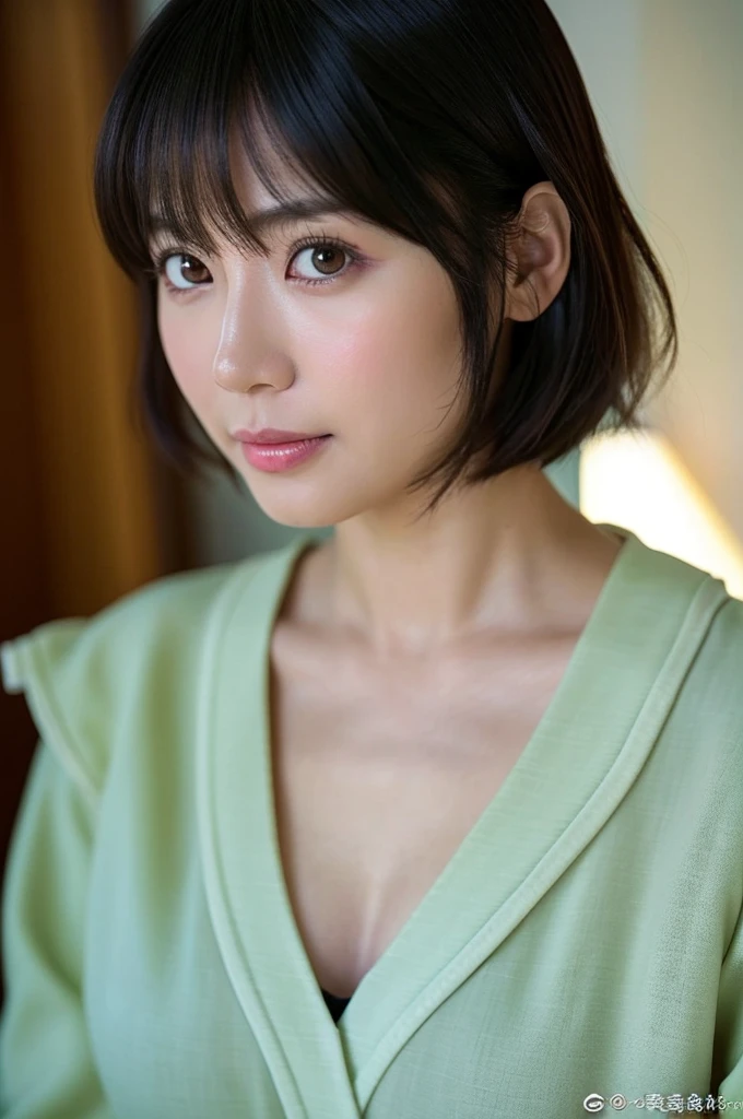 (8K、top-quality、​masterpiece:1.2)、(reallistic、Photorealsitic:1.2)（ultra-detailliert、hight resolution）(Slouched:1.3)、all-fours、(From  above:1.2)、(a closeup:1.4)Wearing a nightgown、（tome&#39;It&#39;s in the futon:1.4）、Smirk,Alafed Girl, chiho, iwakura lain, closeup Iwakura Lain, With short hair, Shiori Teshirogi, Kotegawa Yui, hime-cut, She is 30 years old, sui ishida with black hair, lain iwakura, Beautiful woman - well-groomed face, Clear pubic contours,(Small breasts), hight resolution, ighly detailed, top-quality, [​masterpiece:1.6],, ighly detailed, nffsw, finely detail, top-quality, , Cinematographic lighting, 1womanl、Cute Japan Woman、perfect body type、, cute droopy eyes beautiful big eyes、Transcendent beauty　top-quality、​masterpiece、majicMIX Real、(Raw photography:1.2)、(Photorealsitic:1.4)、winter homeroom、Bedrooms　Negative Prompt