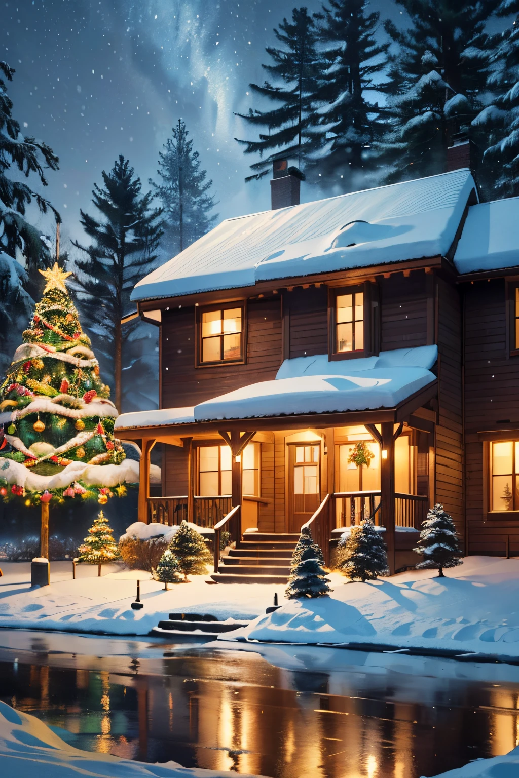 A beautiful Christmas tree, outdoor, in a snowy scene, with intricate details. (best quality, 4k, highres, masterpiece:1.2), ultra-detailed, (realistic:1.37) painting of a Christmas tree adorned with colorful ornaments, twinkling lights, and a shining star on top. The snow-covered ground reflects the warm glow of the lights, creating a magical atmosphere. The tree branches are meticulously crafted, capturing the fine texture of the bark and the delicate needles. The ornaments are carefully placed, each one reflecting different colors and patterns, adding to the festive charm. The surrounding landscape is covered in a thick blanket of snow, with small footprints leading up to the tree, indicating that someone has recently visited. The scene is captured in ultra-high resolution, allowing every tiny detail to be visible, from the individual snowflakes falling gracefully from the sky to the intricate patterns on the ornaments. The painting is created in a realistic style, with accurate proportions and lifelike colors. The color palette is dominated by warm tones, with hints of red, gold, and green, representing the traditional colors of Christmas. The lighting is soft and diffused, casting subtle shadows on the tree and illuminating the snowy landscape with a gentle glow.