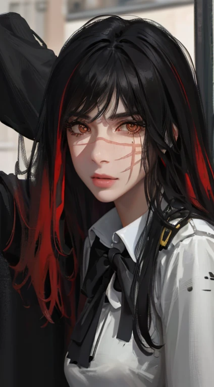 photorealistic, Lip gloss, Realistic painting, best quality, Ultra high resolution, depth, pastel color, natural shading, focus on face, eye patches, face only, Serious, powerful, , Looking at the Viewer, big hair (black), red colored glasses, well-detailed brown eyes, uniform, detailed background, full body