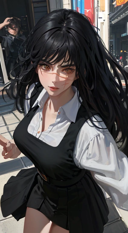 photorealistic, Lip gloss, Realistic painting, best quality, Ultra high resolution, depth, pastel color, natural shading, focus on face, eye patches, face only, Serious, powerful, , Looking at the Viewer, big hair (black), red colored glasses, well-detailed brown eyes, uniform, detailed background, full body