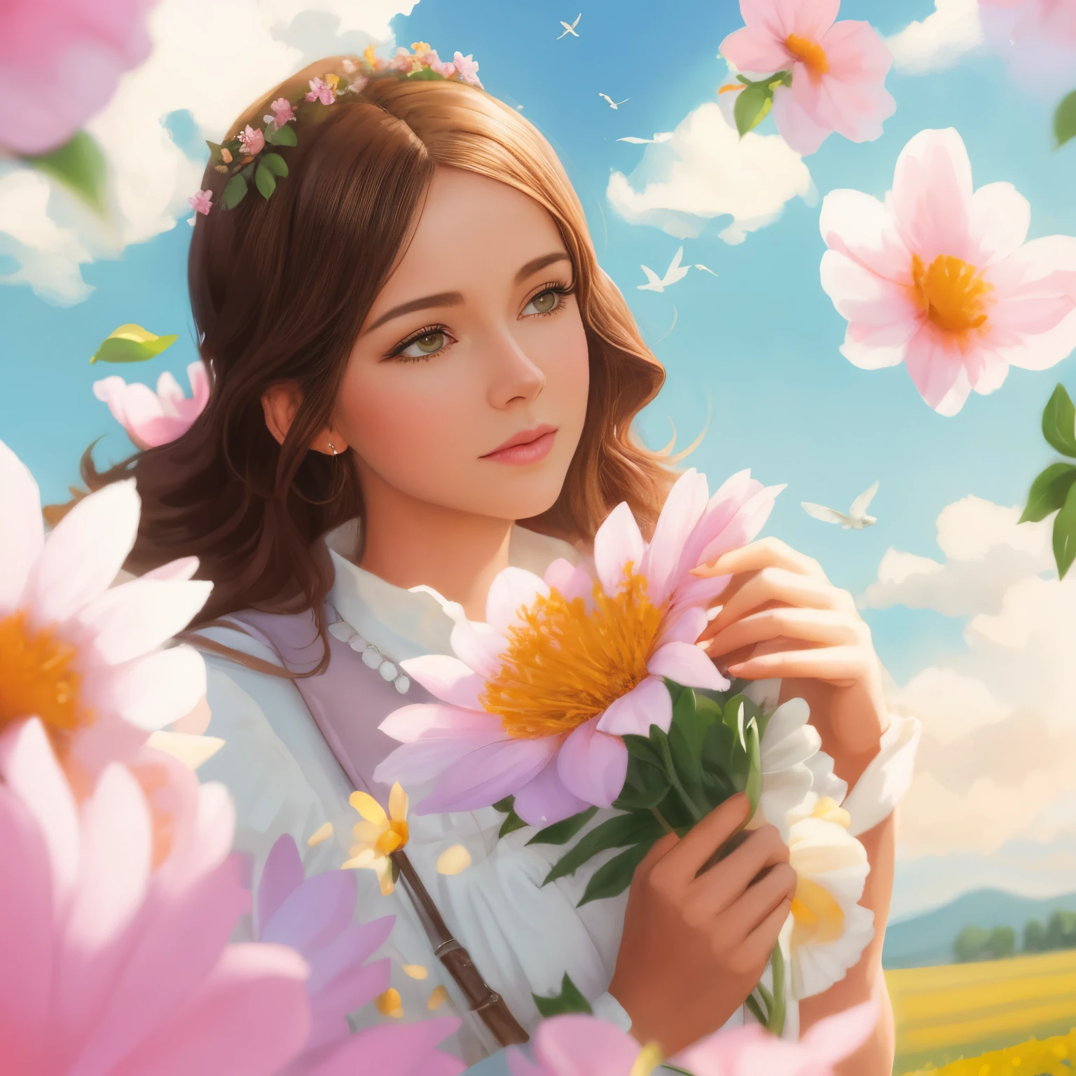 Painting of a woman in a field with birds flying overhead, Author: RHADS, inspired by RHADS, rhads and lois van baarle, rhads!!!, Concept art | rhads, rhads!, WLOP and RHADS, rob rey, Girl dancing on a flower field, Rads watercolor, A girl walks through a flower field