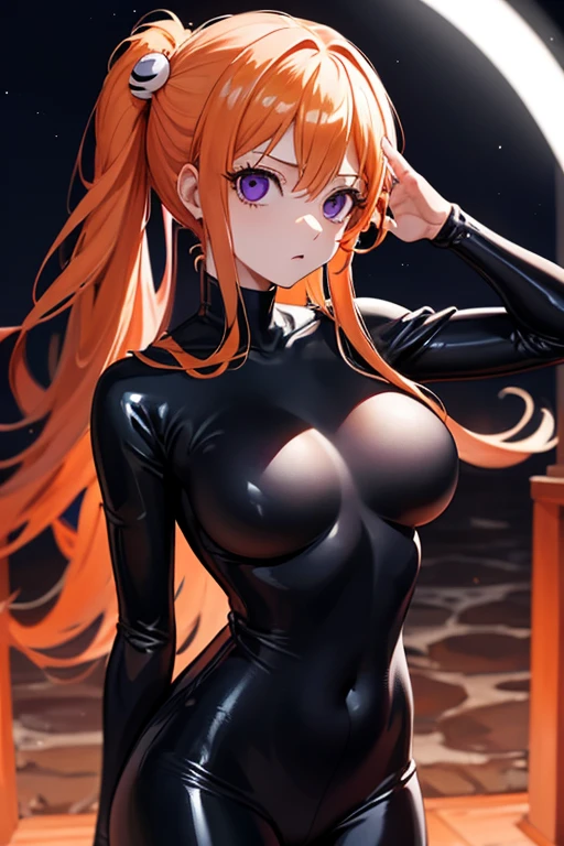 {1girl in},{{{{{masutepiece++, Best Quality++, Ultra-detailed+, 超A high resolution,(Photorealistic:1.4),Raw photo,(Nami)+,(Nami)+,(One Piece NAMI)+,(Onepiece),Orange hair, Girl in black latex full body suit,very aesthetic, Best Quality, absurderes, 1girl in, Purple eyes, Glowing eyes,Brainwashed,}}}}}, {type moon style}, Big breasts,deadpan, darkness ,(Night:1.5),stand and salute