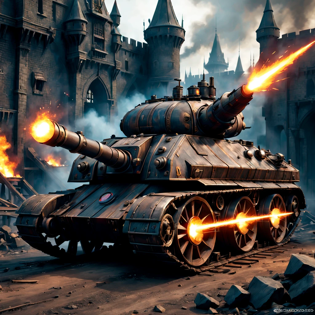 Medieval sci-fi laser tank,Wooden surface,Huge wheels,Steam-powered engines,Soot effect,Castle in ruinortress wall,dark palette、动态照明、ray cannon、advanced technologieysterious Energy、flames and sparks、Vivid colors、A post-apocalyptic wasteland、Creative vehicle design、Magnificent war machine、Advanced weapons、light penetrates darkness,intergalactic war zone、extraordinary battle、An epic clash of forces、Compelling world-building