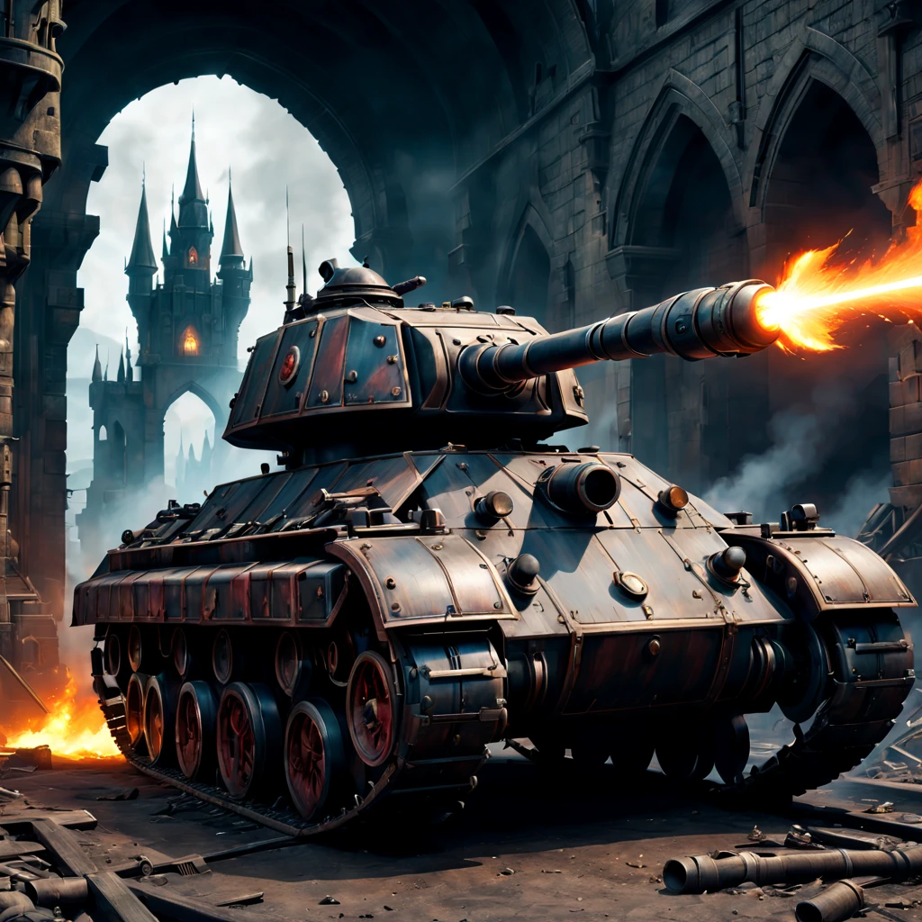 Medieval sci-fi laser tank，Wooden surface，Huge wheels，Steam-powered engines，Soot effect，Castle in ruinortress wall，dark palette、动态照明、ray cannon、advanced technologieysterious Energy、flames and sparks、Vivid colors、A post-apocalyptic wasteland、Creative vehicle design、Magnificent war machine、Advanced weapons、light penetrates darkness，intergalactic war zone、extraordinary battle、An epic clash of forces、Compelling world-building