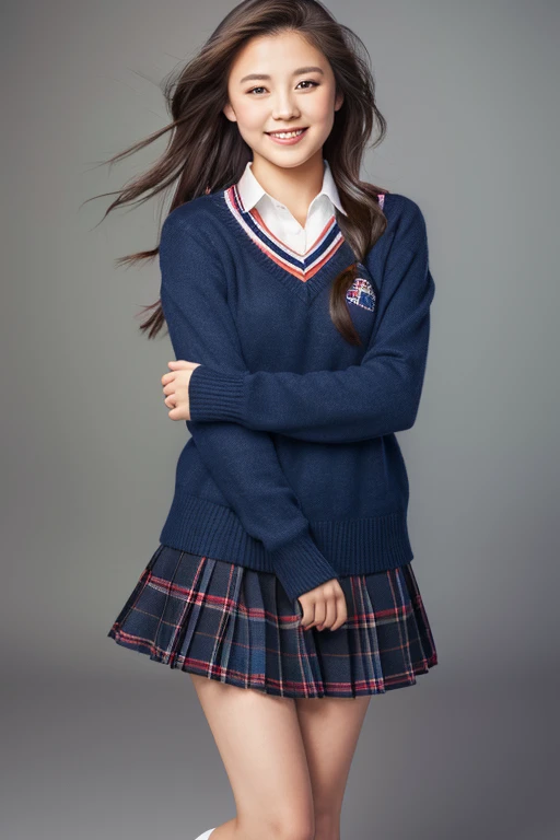 (best quality, highres, masterpiece:1.2), ultra-detailed, (realistic:1.37), portraits, traditional art, vibrant colors, soft lighting, full body, standing, frontage, high school girl, beautiful girl, 18 years old, ponytail, dark-haired, miniskirt, thighs, dark blue socks, smile