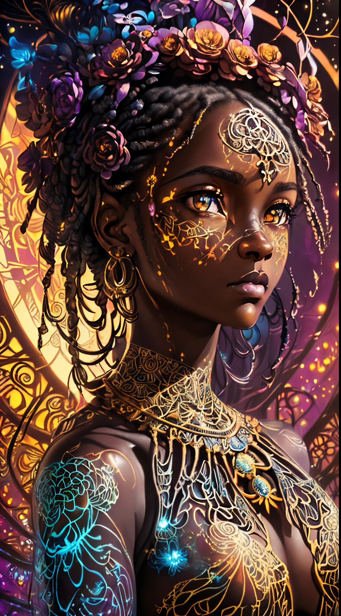 {Celestial hues, lofi, shiny aura, oil shine, cute, black girl in a crop top and baggy jeans, big pretty eyes, golden tribal markings} solo ((( perfect dark skintone, perfect flawless face, highly detailed, dynamic pose, intricate glowing motifs, beautifully detailed floral organic tracery, geometric, perfect composition, digital painting, artstation, concept art, smooth, sharp focus, illustration, Carne Griffiths, pixar, Victo ngai, Jean Baptiste Monge, beautiful, perfect eyes, full lips, 8k, best quality, full shot )))