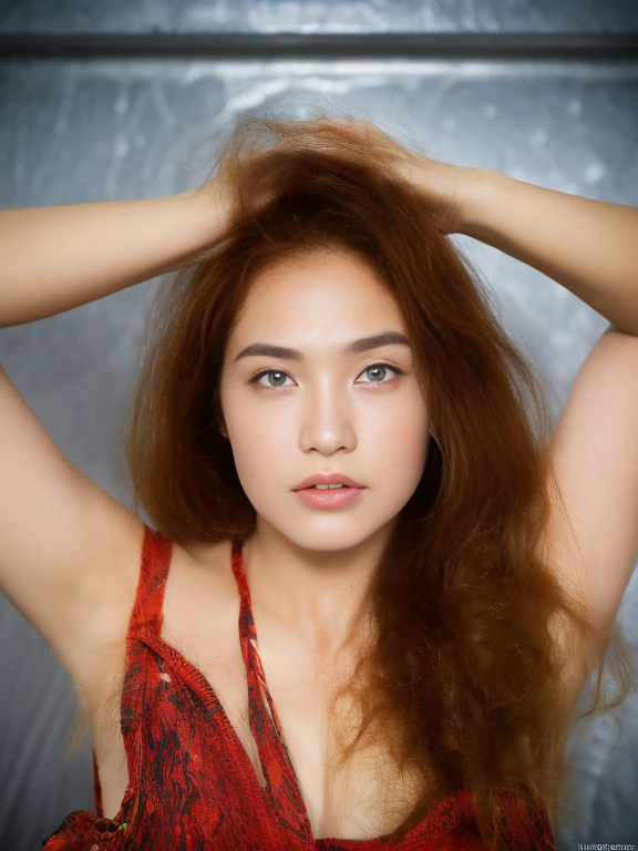 (in prison cell), (shibari), (((top quality, 8k, masterpiece: 1.3)), crisp focus: 1.2, wonder woman: 1.4, slender abs: 1.2, ((layer cut, big: 1.2)), (rain, street: 1.2), wet body: 1.5, highly detailed face and skin texture, detailed eyes, studio,BDSM,slave,blue corset, Bondage, sad face  red head, pale skin, on the bed, hairy pussy