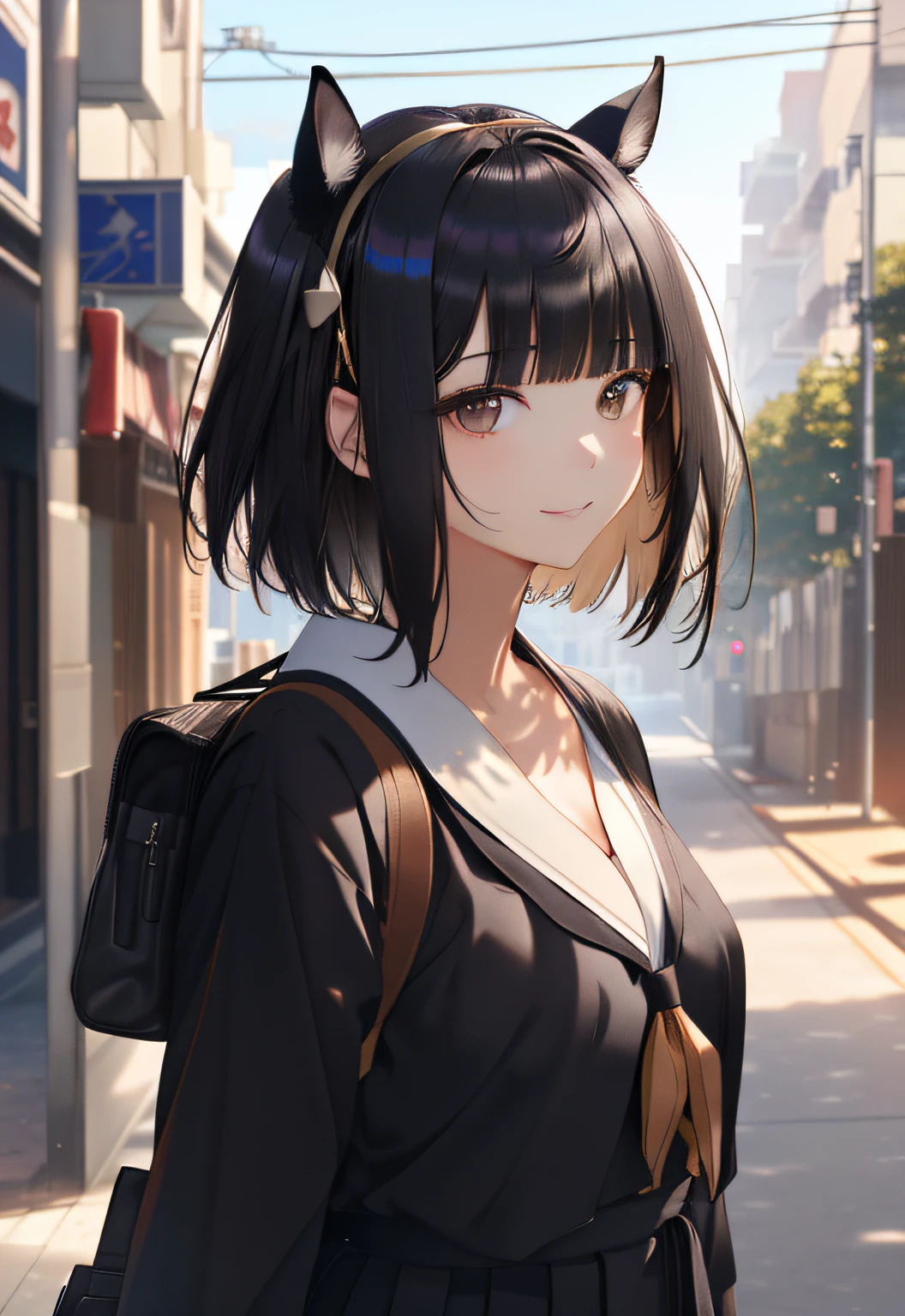 ((Marl、Horse ear headband、fake horse ears)）、(lightly dressed、cleavage of the breast、fully body photo、Beautiful legs)、((Highly detailed portrait of one girl standing on a street corner、Ominous aura halo、nffsw、in school uniform、Smile、Backlighting、Patsun、Short hair、Black hair、inner color gold、Black eyes、a short bob、Straight))、1girl in、​master piece、japanaese girl、absurderes、hight resolution、ultra-detailliert、depth of fields、​masterpiece、extremely details CG、3D Photography、3D background、Unity、8K、Hi-Res、top-quality、shadowy、foco nítido、pale-skinned、A detailed eye、blurry backround、dynamic ungle、The most amazing super feat exaggeration、a closed mouth、superclear