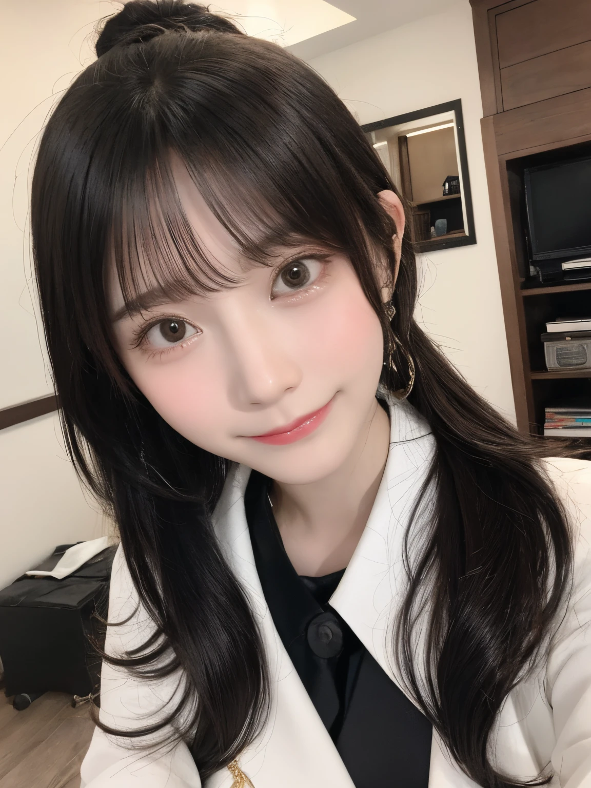 masterpiece、top-quality、looking at the viewers、tie long hair up、(hair wavy:0.7)、Colorful casual attire、A black-haired woman smiling happily with her mouth open,Let'Warm yourself by the fireplace、Too much steam