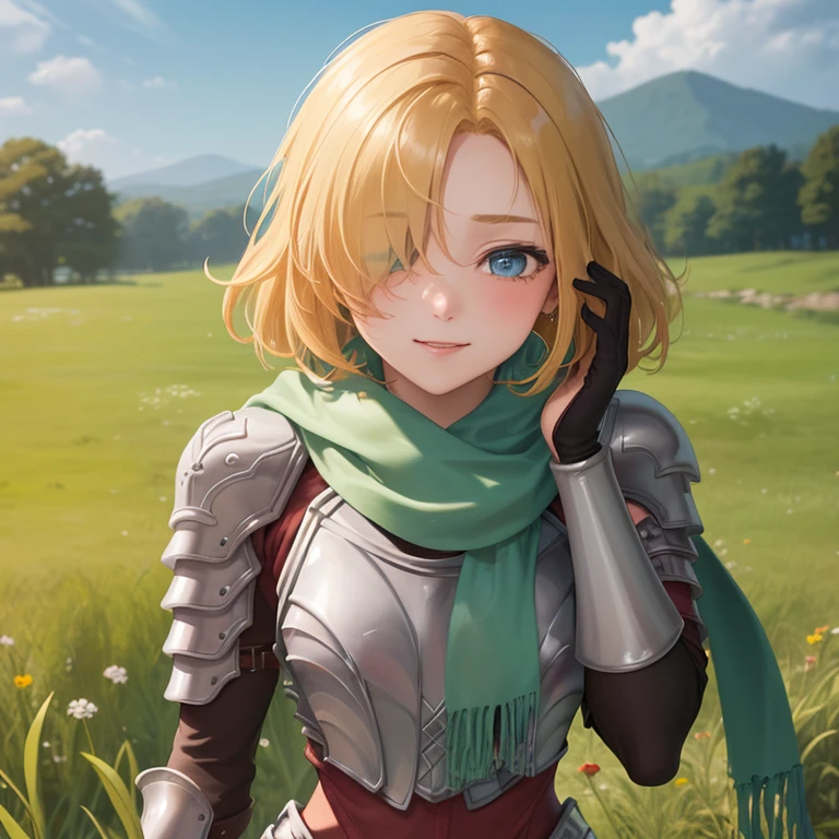 (({{masterpiece,best quality,ultra-detailed}}))  1girl, grass field,flower,wariza,looking at viewer,blonde short hair, armor, red hair band, breastplate,shoulder armor, bangs , (armor bootoots ,, green scarf ,armored boots,upper body, hair over one eye ,hair over one eye ,blue eyes ,gloves ,holding ,pantyhose ,