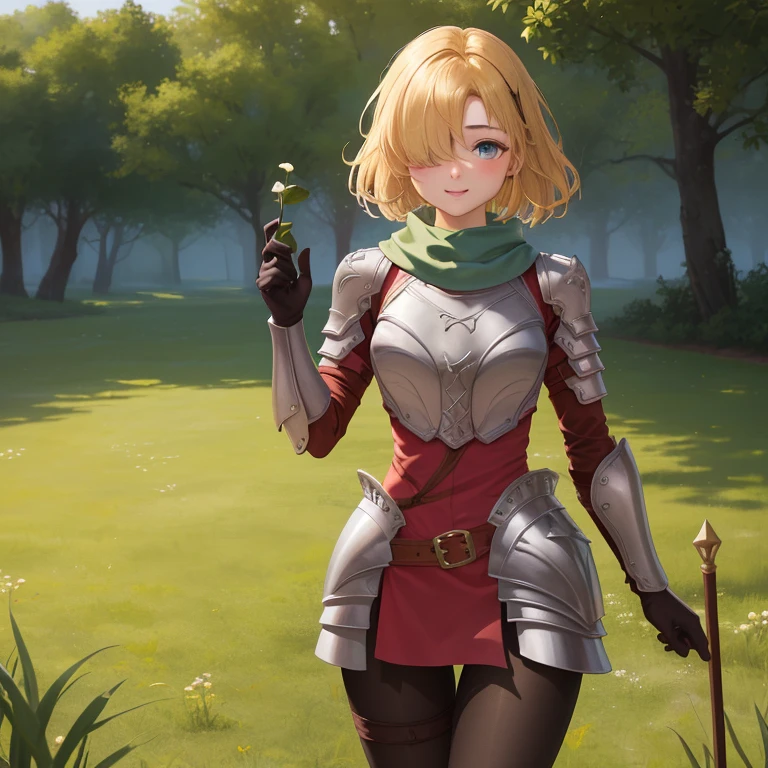 (({{masterpiece,best quality,ultra-detailed}}))  1girl, grass field,flower,wariza,looking at viewer,blonde short hair, armor, red hair band, breastplate,shoulder armor, bangs , (armor bootoots ,, green scarf ,armored boots,upper body, hair over one eye ,hair over one eye ,blue eyes ,gloves ,holding ,pantyhose ,