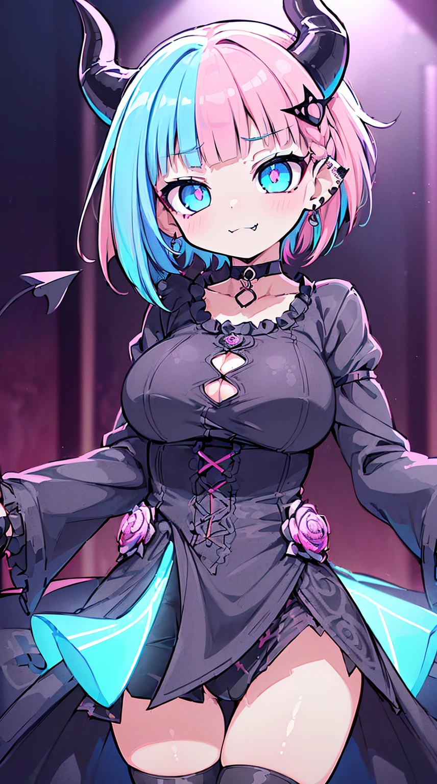 BLACKLIGHT, ((NSFW)), ((Medium Boobs)), realistic art, extremely delicate and beautiful, ultra-detailed, (1girl), ((one Blue eye 1:3, one pink eye 1:3, detailed light, illustration, dynamic angle, depth of field, ((((milf)))), girly, ((Blue/Pink hair 1:3, multicolored hair 1:2, Rainbow hair 1:2, Blue highlights hair, (Ponytail), hair ornament, hair flower, flower, makeup, braid, smile)), demon eyes, fangs, pale white skin, (((best quality, tall girl, (skin indentation), (blur background:0.6), (casual yet stylish, ((Demon Horns)), ), gorgeous, (short hair:1.5), soft lighting, wind, (front light:1.5), surprised, choker, smile, jewelry, earrings))), (ultra high res, best quality,), (8k, raw photo, best quality, masterpiece), technological sense, best quality, masterpiece, illustration,CG ,unity ,wallpaper, official art, Amazing, finely detail, an extremely delicate and beautiful,extremely detailed, highly detailed, sharp focus,rich background, (real person,photograph), ((high detailed skin)), ((( , (crazy eyes:1.3), (wide-eyed:1.2), (glowing eyes), (Demon) ))), (((a close up of a person with a weird face and nails, gothic maiden anime girl, gothic - cyberpunk, cyberpunk horror style, gothic art style, detailed digital anime art, gothic art, demon anime girl, gothic girl face, anime style 4 k, dark art style, anime cyberpunk art, gothic aesthetic, 18 - year - old anime goth girl, gothic horror vibes)))