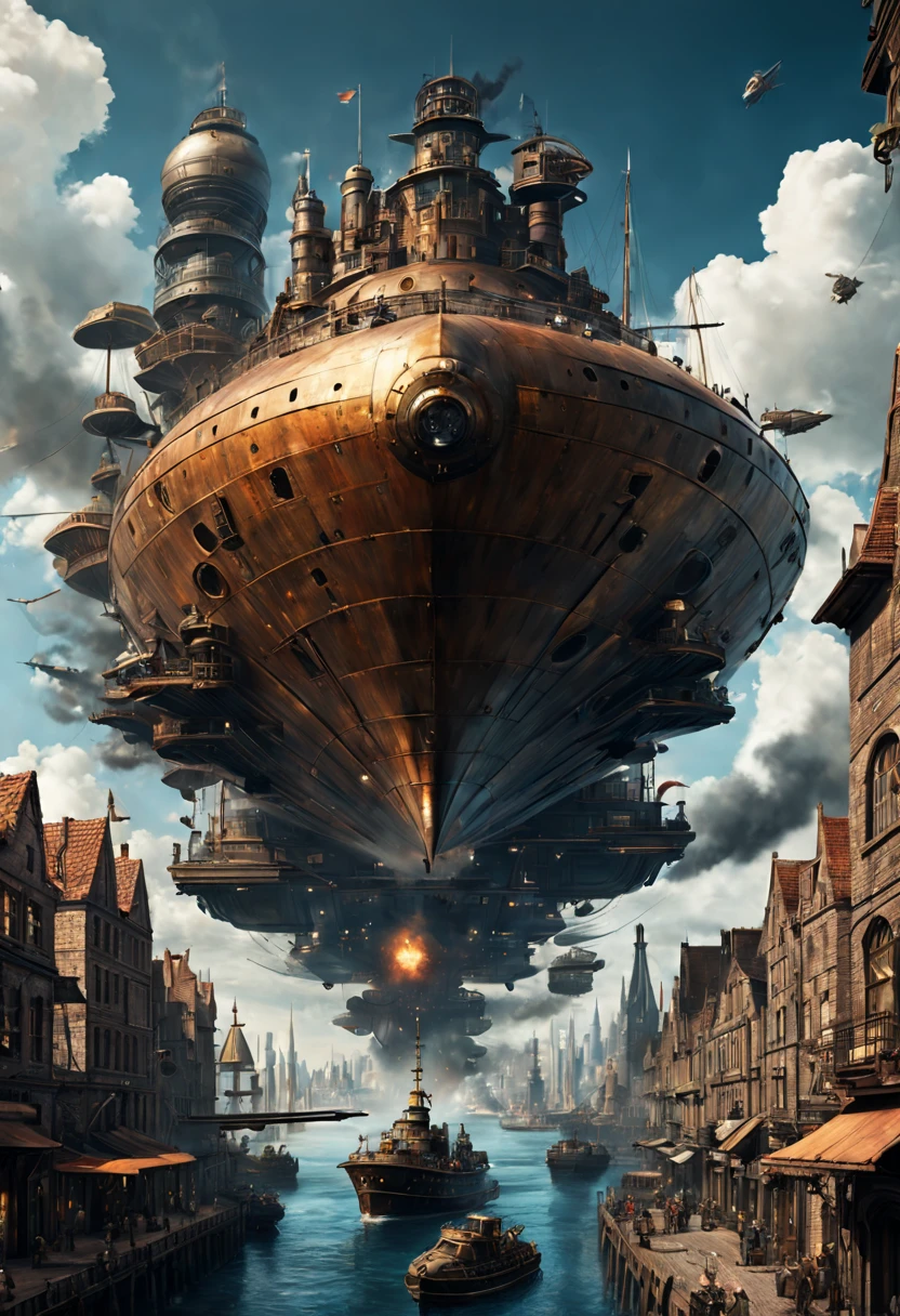 A fascinating blend of medieval and futuristic elements, Where the past and the future collide harmoniously. Imagine a world where towering castles and fortified walls coexist with advanced technology and fashion, futuristic building,A steam-powered ship flies over a cityscape, Surreal illustration style, pile/stack, Superlarge objects, Stunning ocean scene, Meticulous military scenes, Spas, PS1 Graphics, mechanical realistic style, Superlarge objects, pile/stack, fire core, Andrzej Sekut, piratepunk, low angles,The ship is flying over some buildings in the city, Steampunk design style, Realistic exaggeration of photos, pile/stack, Meticulous military scenes, Cloud core, automatism, sky blue and beige,Sci-fi painting by Nexos,Depicts a spaceship and some ships over the city, Steampunk creature style, photorealism techniques, installation creator, Typology of the Becher couple, Dieselpunk, Playful scene, Large projects