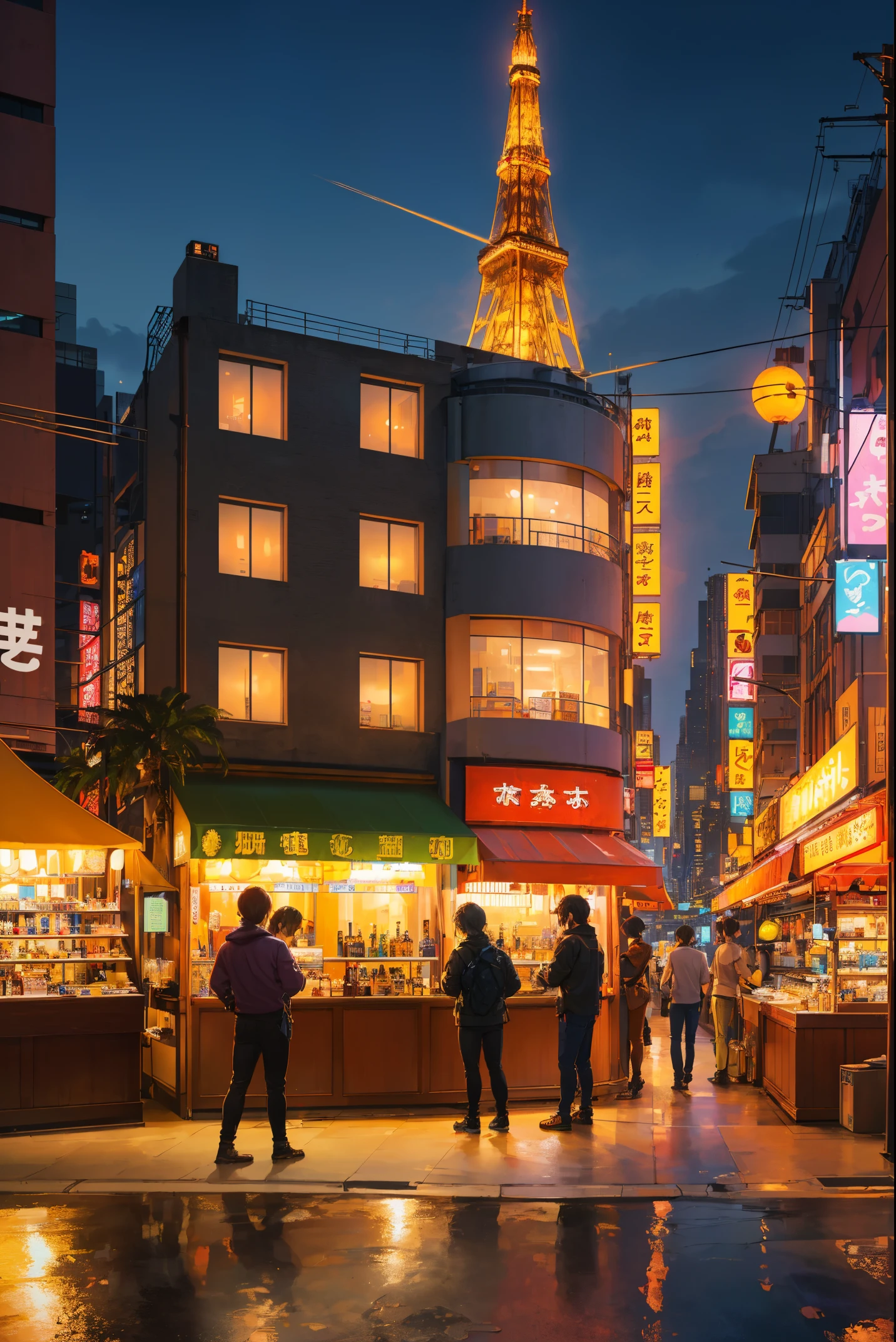 (best quality,4k,8k,highres,masterpiece:1.2),ultra-detailed,(realistic,photorealistic,photo-realistic:1.37),golden hair,short pigtails,big hips,thick thighs,bursting bust nightlife,city at night,cyberpunk city,futuristic cityscape,neon lights,(skyscrapers:1.1),Tokyo Tower,palm trees,cloth sign,ramen stall,nightclub,bright city lights,exotic cars,alcohol,bar,ramen,soup stall,alcohol bottles.
