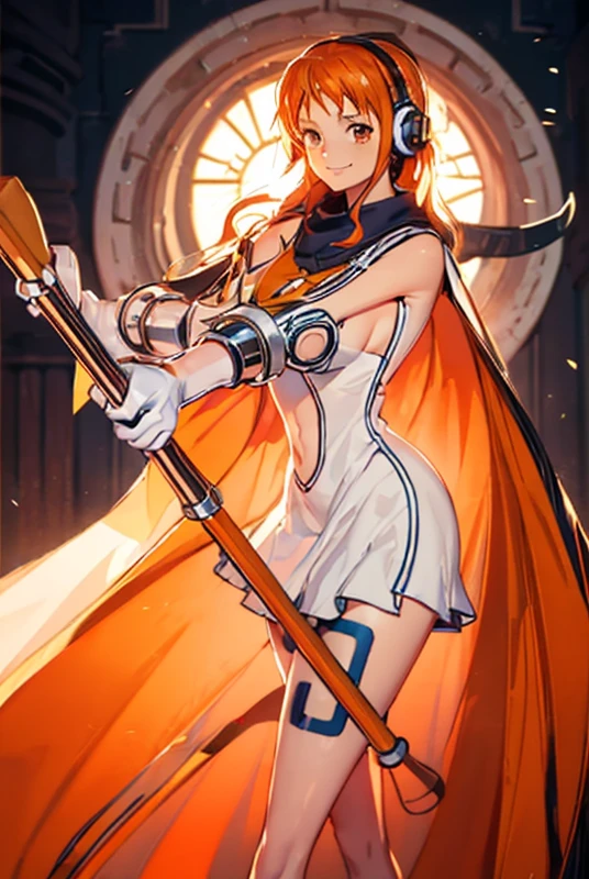 Masterpiece,best quality,1girl, nami in anime one piece, long hair , orange hair,headphones ,orange clothes, white robes, gloves, holding a stick , ultra detail, realistic
