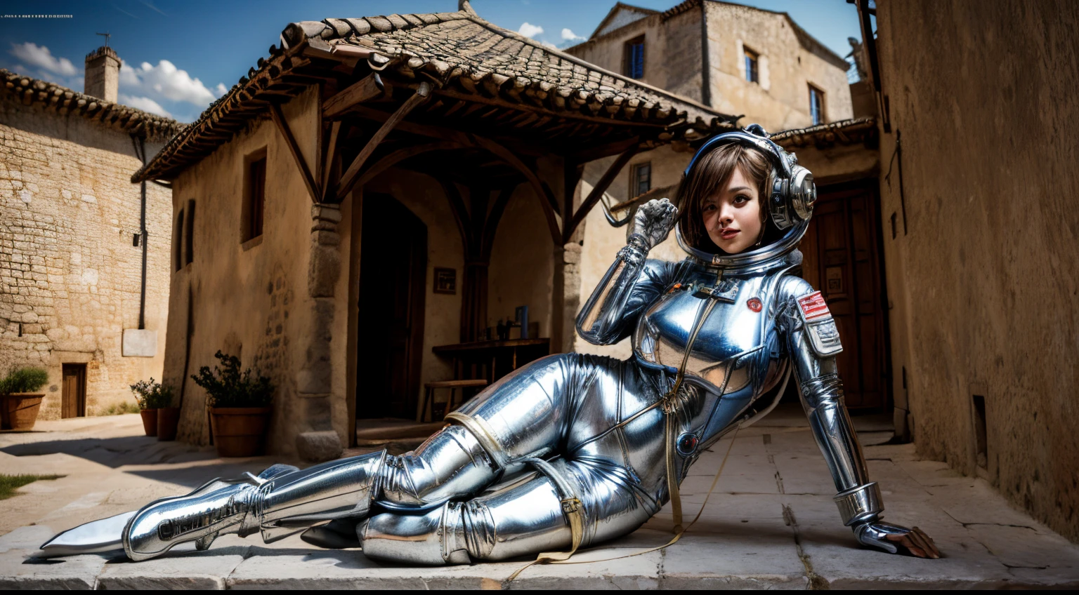 A female astronaut in a spacesuit stands in a medieval village scape, bimbo style, daylight, full body shot, giga_busty