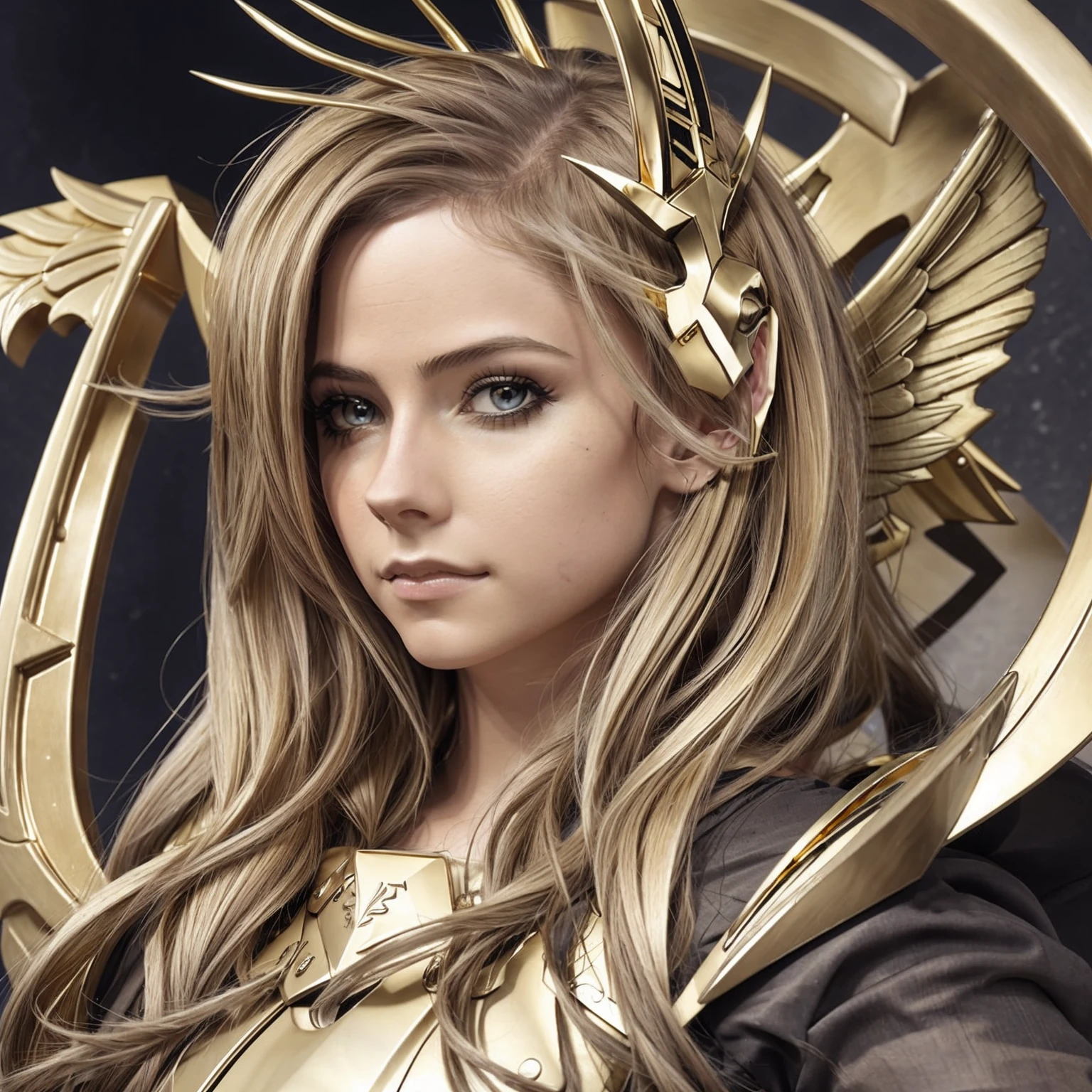 (masterpiece), 1 girl, realistic, 8k, detailed, Photorealistic, detail, Skin Texture, Super Detailed Face, Detailed lips, Detailed eyes, sagittarius armor, SagittariusArmor, gold armor, (skin exposed, grey eyes, long hair, avril lavigne, loraavrilB:1), SagittariusArmor, armor, golden armor, wings, helmet, long metal wings, long golden wings