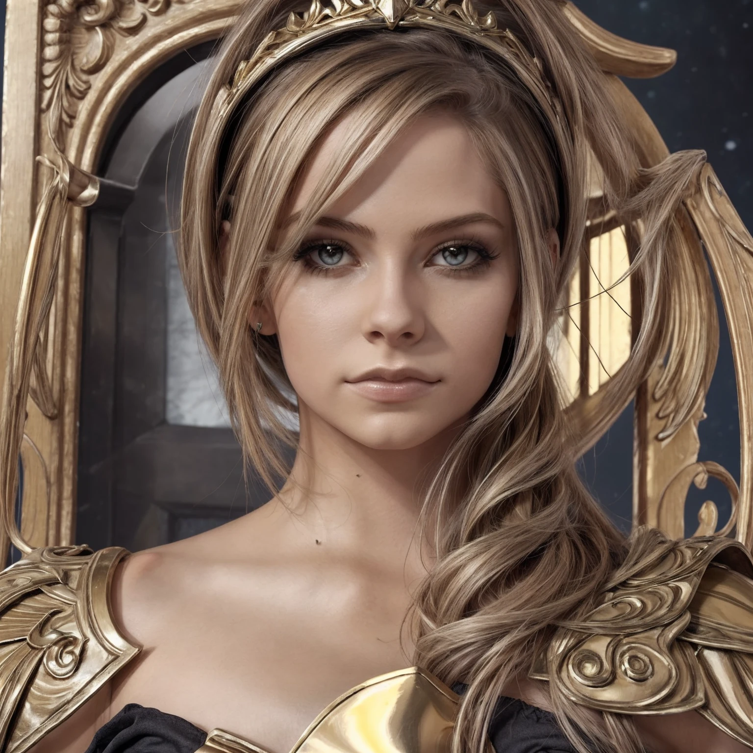 (masterpiece), 1 girl, realistic, 8k, detailed, Photorealistic, detail, Skin Texture, Super Detailed Face, Detailed lips, Detailed eyes, sagittarius armor, SagittariusArmor, gold armor, (skin exposed, grey eyes, long hair, avril lavigne, loraavrilB:1), SagittariusArmor, armor, golden armor, wings, helmet, long metal wings, long golden wings