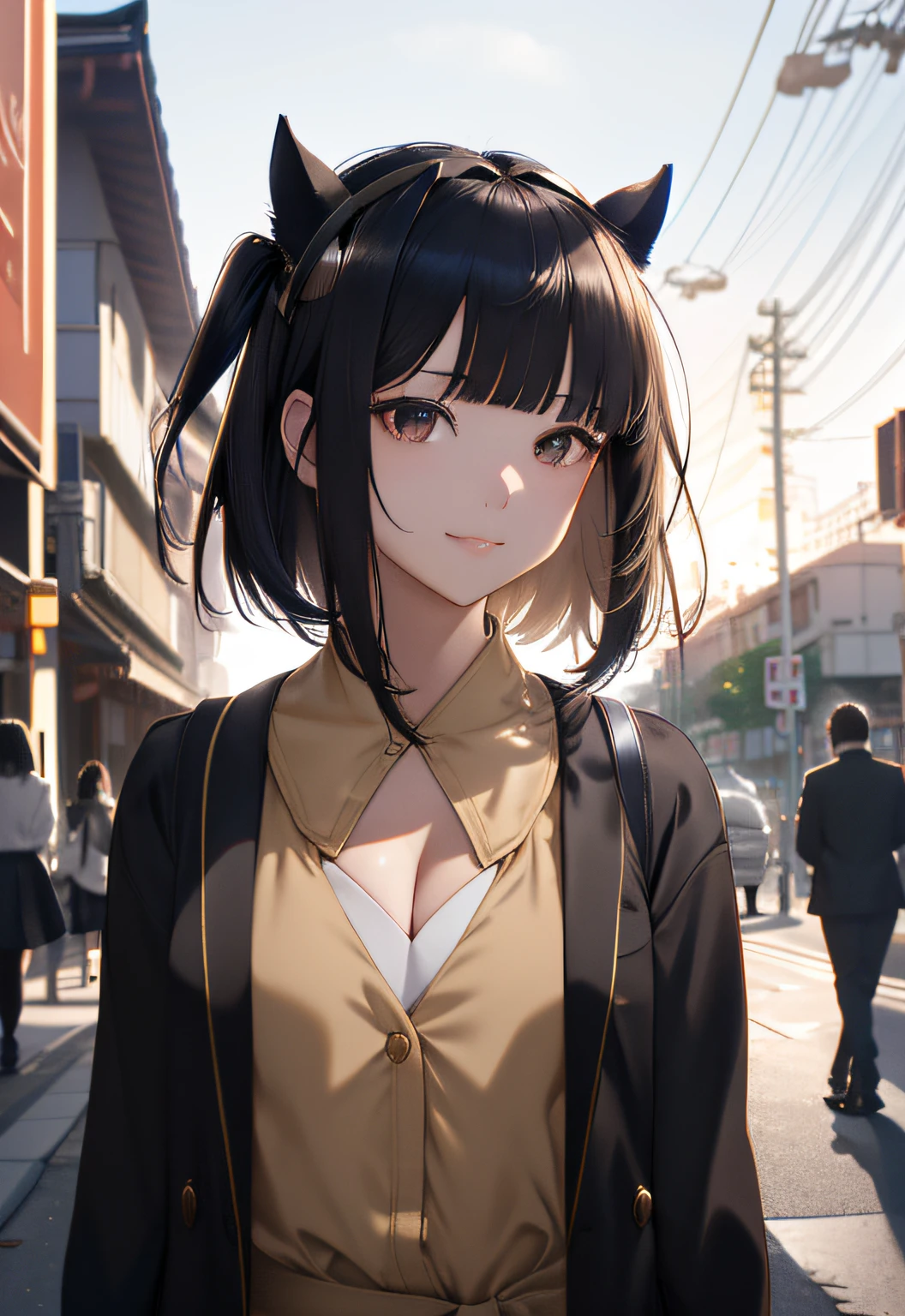 ((Marl、Horse ear headband、fake horse ears)）、(lightly dressed、cleavage of the breast、fully body photo、Beautiful legs)、((Highly detailed portrait of one girl standing on a street corner、Ominous aura halo、nffsw、in school uniform、Smile、Backlighting、Patsun、Short hair、Black hair、inner color gold、Black eyes、a short bob、Straight))、1girl in、​master piece、japanaese girl、absurderes、hight resolution、ultra-detailliert、depth of fields、​masterpiece、extremely details CG、3D Photography、3D background、Unity、8K、Hi-Res、top-quality、shadowy、foco nítido、pale-skinned、A detailed eye、blurry backround、dynamic ungle、The most amazing super feat exaggeration、a closed mouth、superclear