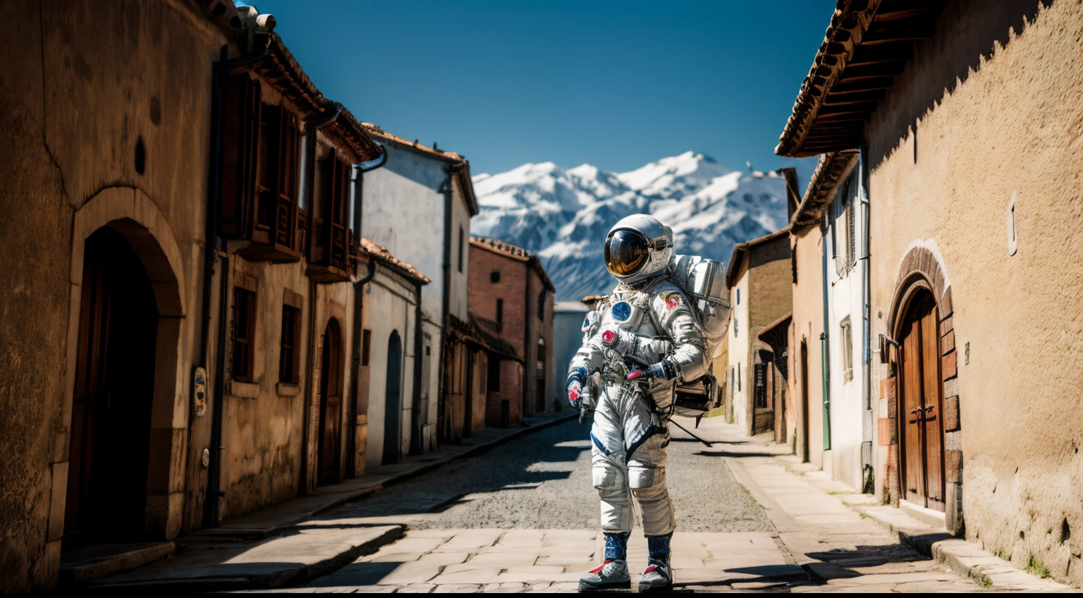 A female astronaut in a spacesuit stands in a medieval townscape, bimbo style, daylight, full body shot, giga_busty