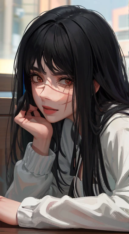 fotorrealista, Lip gloss, Pintura realista, best quality, Ultra high resolution, profundidade, cor pastel, sombreamento natural, foco no rosto, tapa-olhos, face only, Serious, poderoso, , Looking at the Viewer, cabelo grande (preto), red colored glasses, olhos castanhos bem detalhados, uniforme, Antecedentes detalhados, corpo inteiro